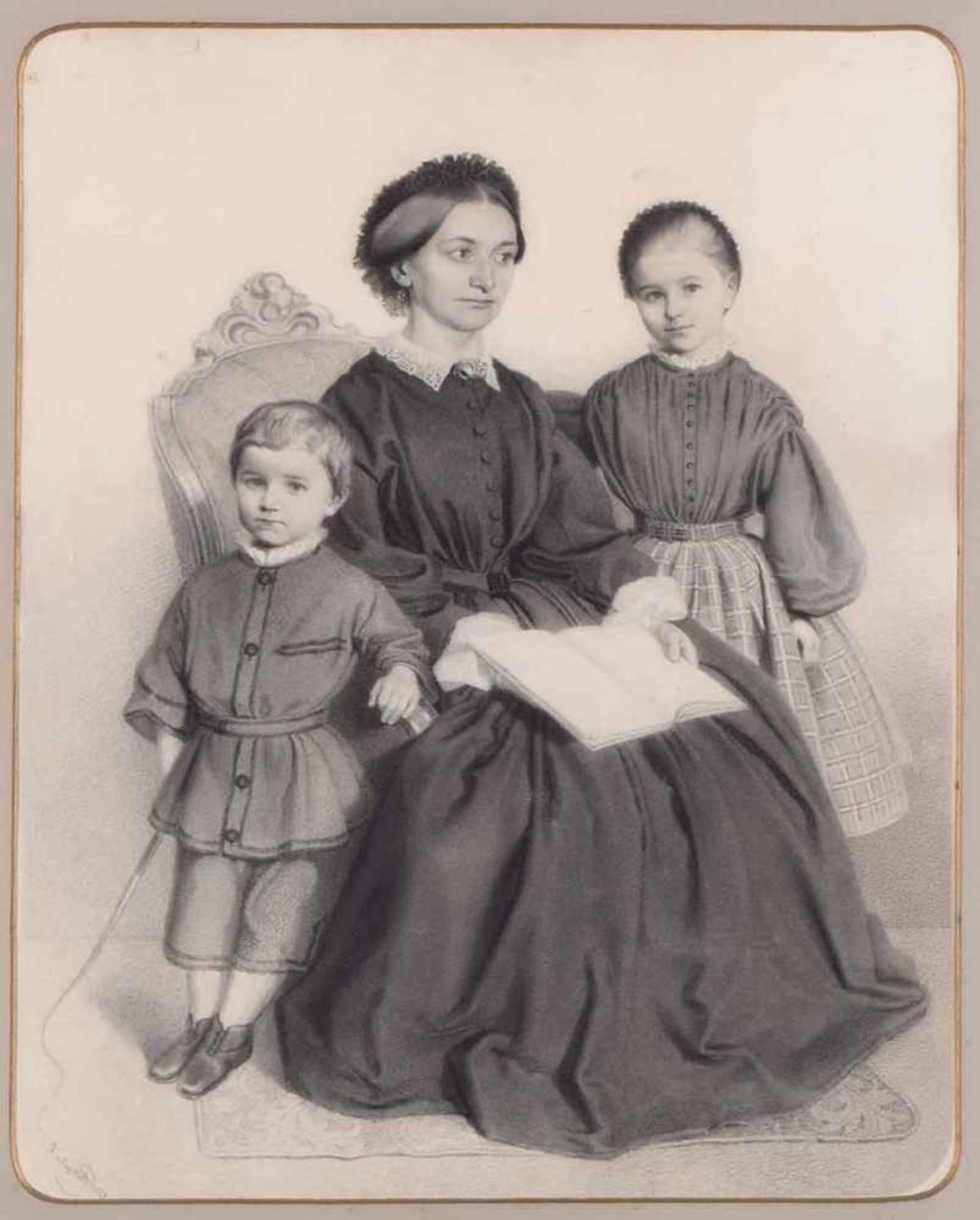 Seydlitz, F. v. Bleistiftzeichnung, Familiendarstellung mit Mutter, Tochter und Sohn, links unten - Bild 2 aus 4