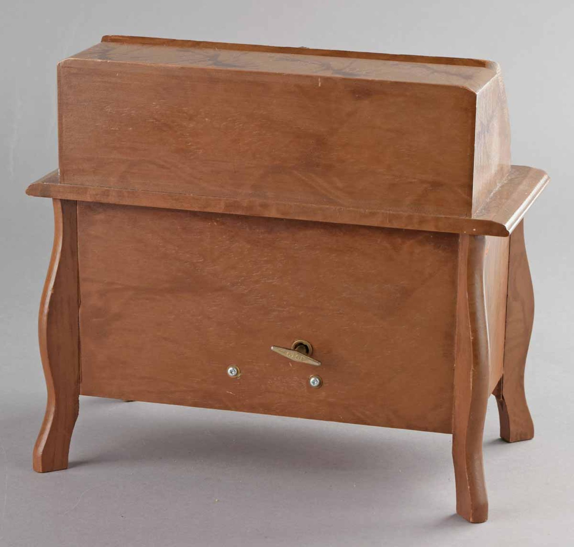 Schmuckschatulle in Form eines Pultsekretärs, zwei Schübe und Pultklappe, mit Spieluhr, innen - Bild 4 aus 4