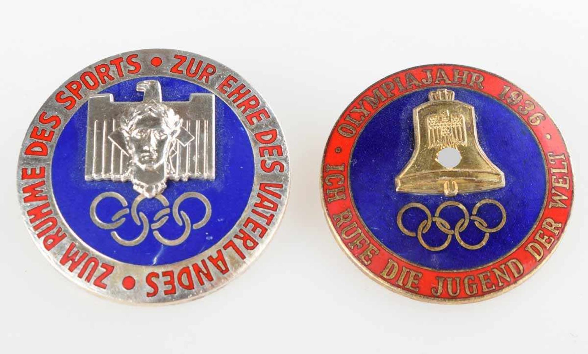 Paar Olympia-Abzeichen 1936 farbig emailliert, 1 x "Zum Ruhme des Sports - Zur Ehre des - Bild 2 aus 3
