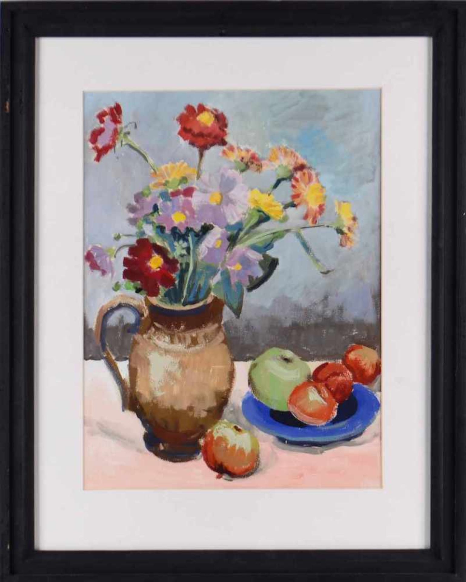 Taut, Johannes (1921 Radebeul - 1987 ebd.) Gouache und Tempera, Stillleben mit Äpfeln und Blumen, im - Bild 3 aus 3