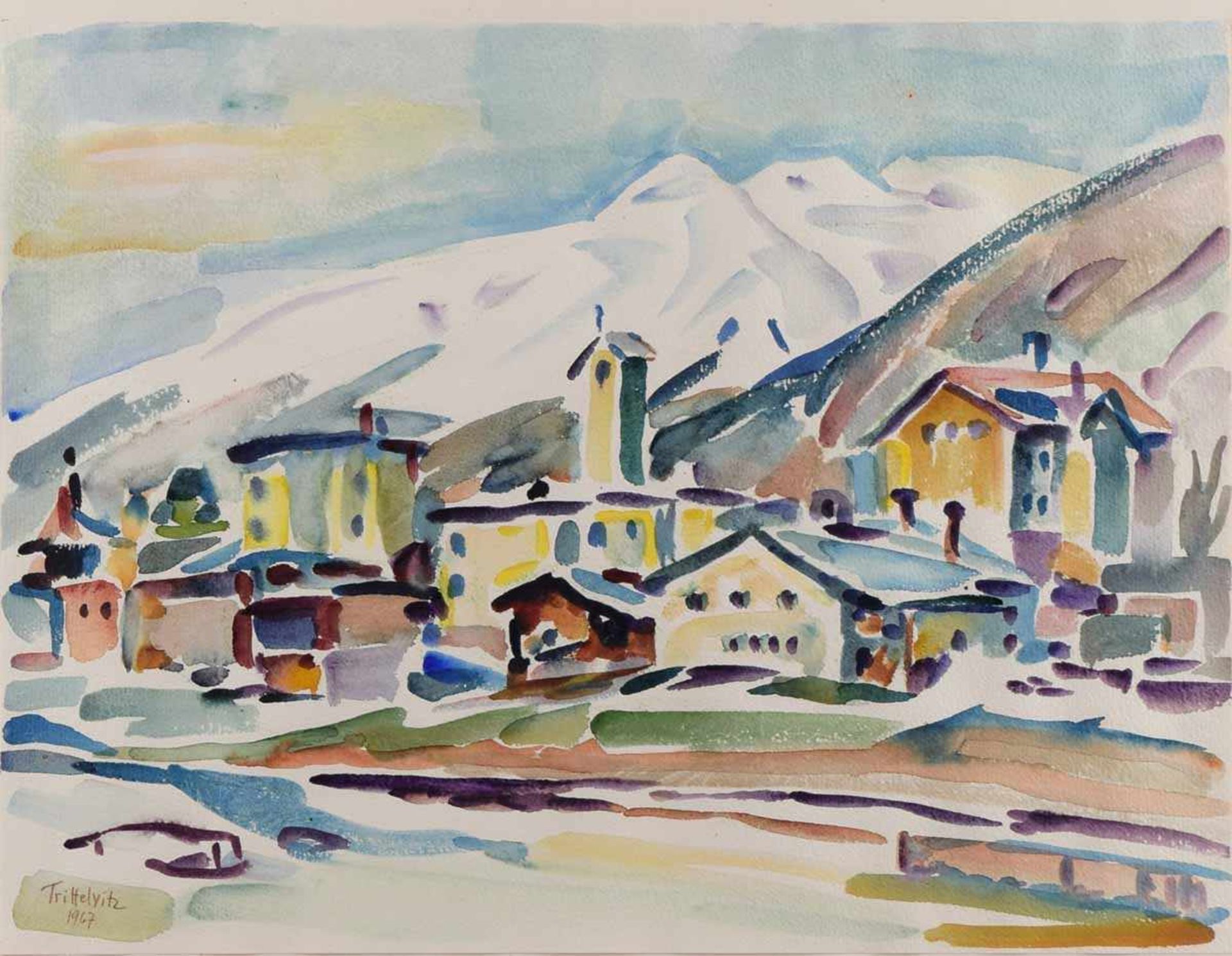 Trittelvitz, K.G. Aquarell, Blick auf Davos, links unten in Blei signiert und datiert 1967, unten - Bild 2 aus 4