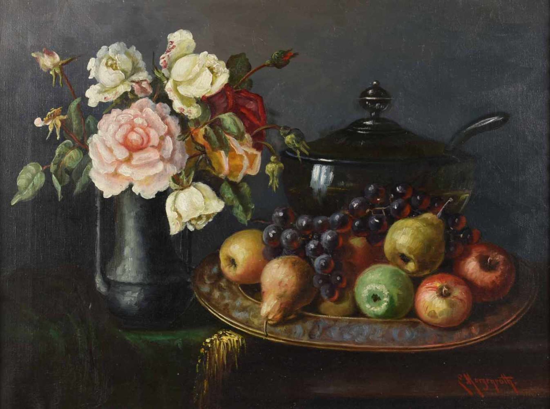 Morgenroth, E. Öl/Lwd., Stillleben mit Vase und Fruchtschale, rechts unten signiert, Goldstuckrahmen - Image 2 of 4