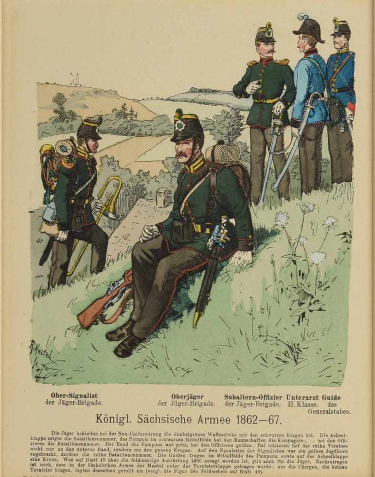 "Königl. Sächsische Armee 1862-67" Lithografie nach R. Knitel, Darstellung sächsischer Uniformen, im - Bild 2 aus 3