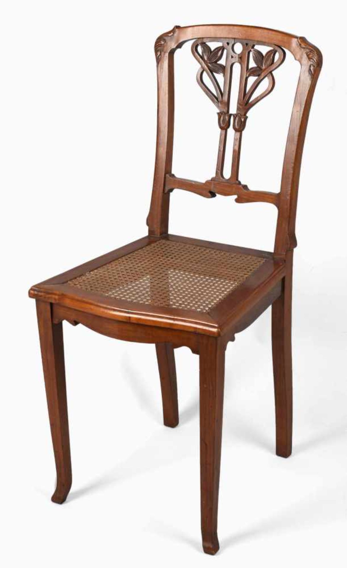 Jugendstil-Stuhl Nussbaum, schlanke Kantbeine mit ausgestellten Füßen, geschweift gesägte - Bild 2 aus 2