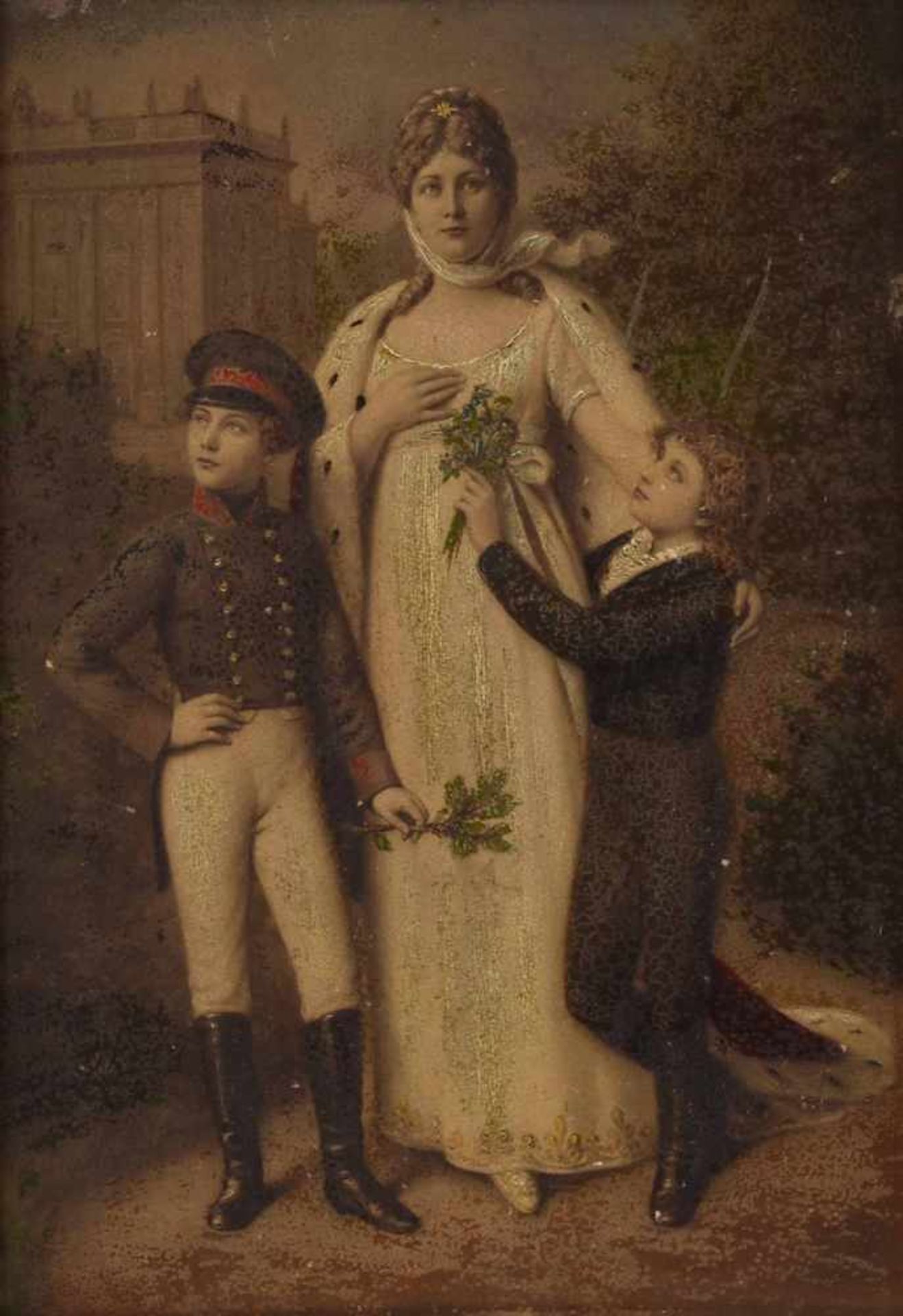 Porträtdarstellung farbig staffierter Druck, Königin Luise von Preußen mit ihren zwei Söhnen, - Bild 2 aus 3