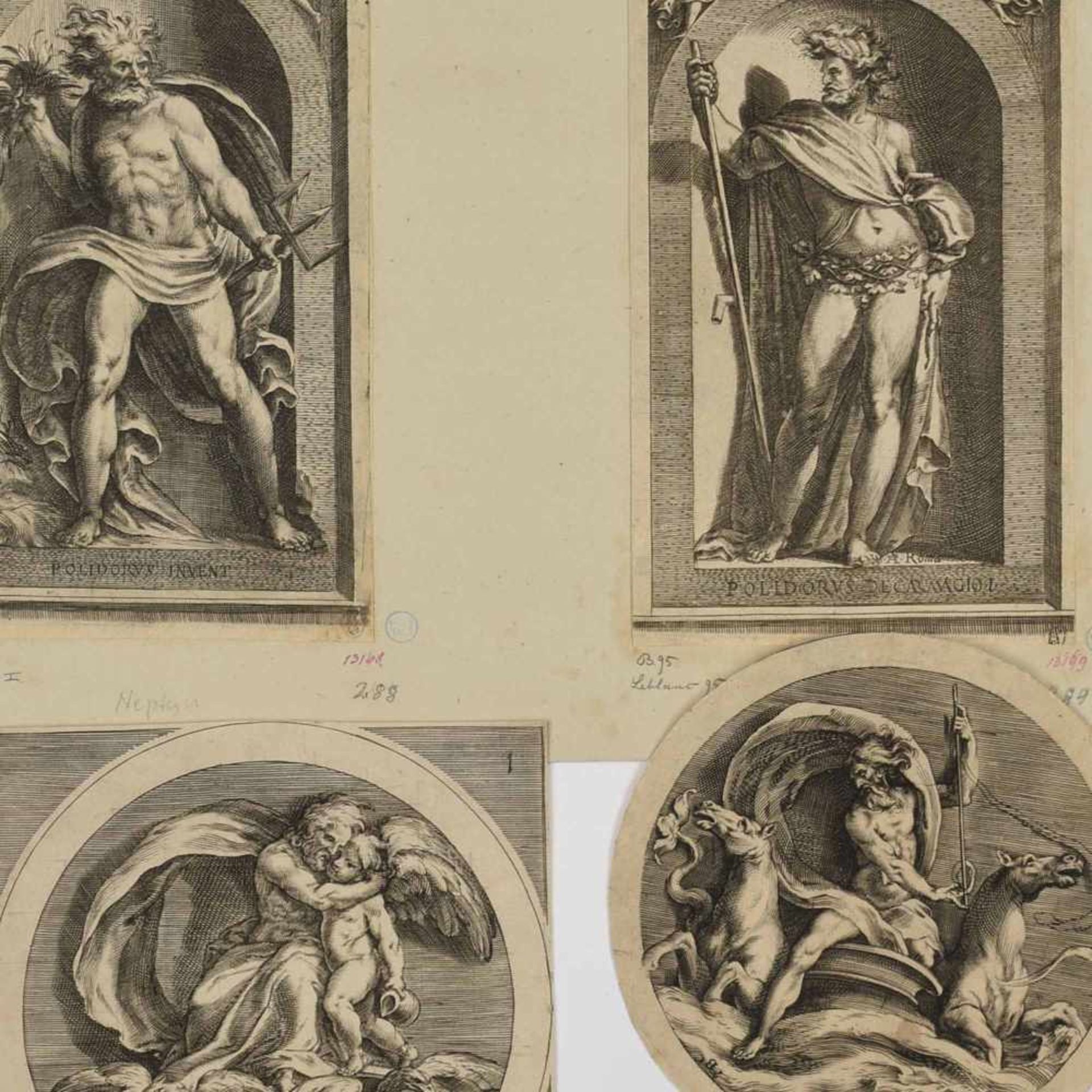 Alberti, Cherubino (nach) insg. 4 Kupferstiche, Paar Tondi mit den mythologischen Motiven Jupiter