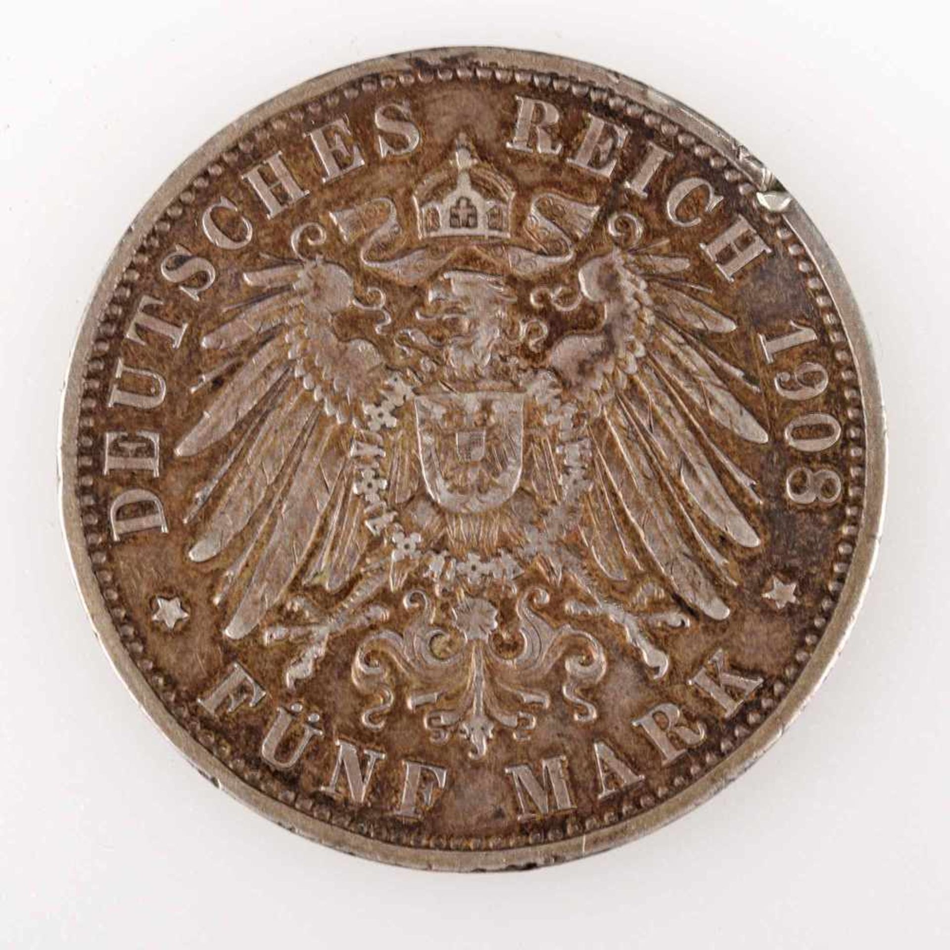 Silbermünze Kaiserreich - Baden 1908 5 Mark, av. Friedrich II. Grossherzog von Baden Kopf links, rv. - Image 3 of 3