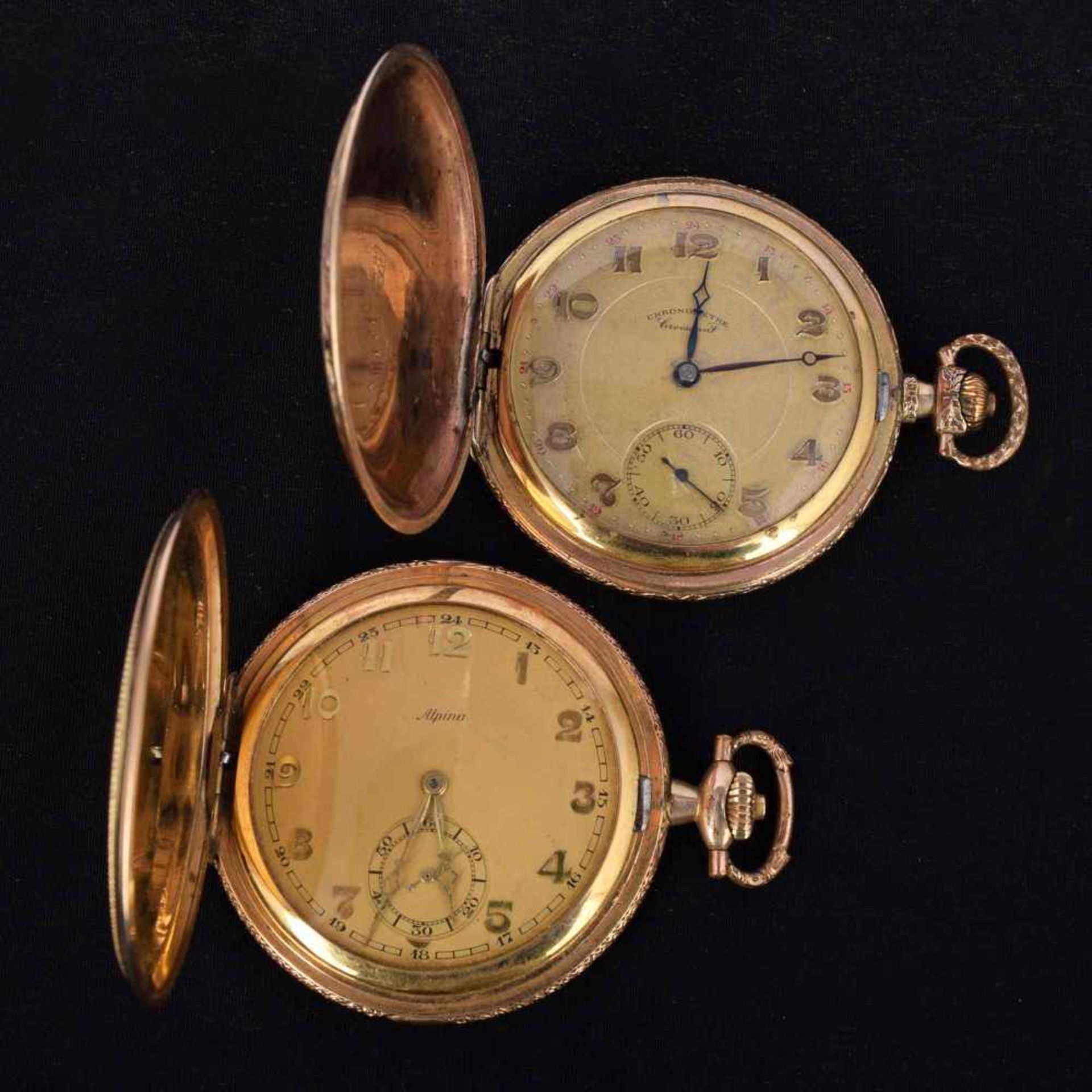 Zwei Sprungdeckeltaschenuhren Metallgehäuse vergoldet, untersch. Hersteller, Stunde, Minute und - Bild 2 aus 3