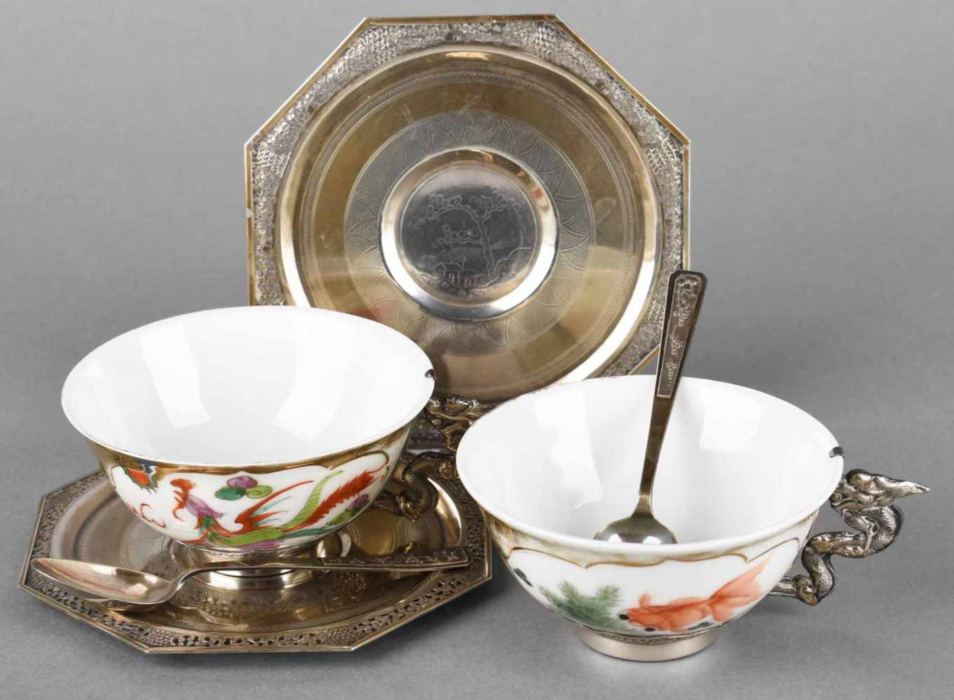 Paar Teetassen mit Untertassen und Löffeln Silber 900, gemarkt "Vietnam", flache oktogonale - Bild 2 aus 2