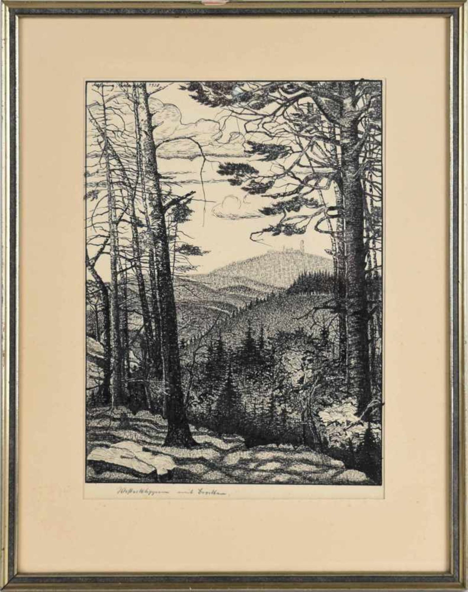 Unbekannter Lithograf Federlithografie, Blick auf den Brocken im Harz, links oben undeutlich - Bild 3 aus 4