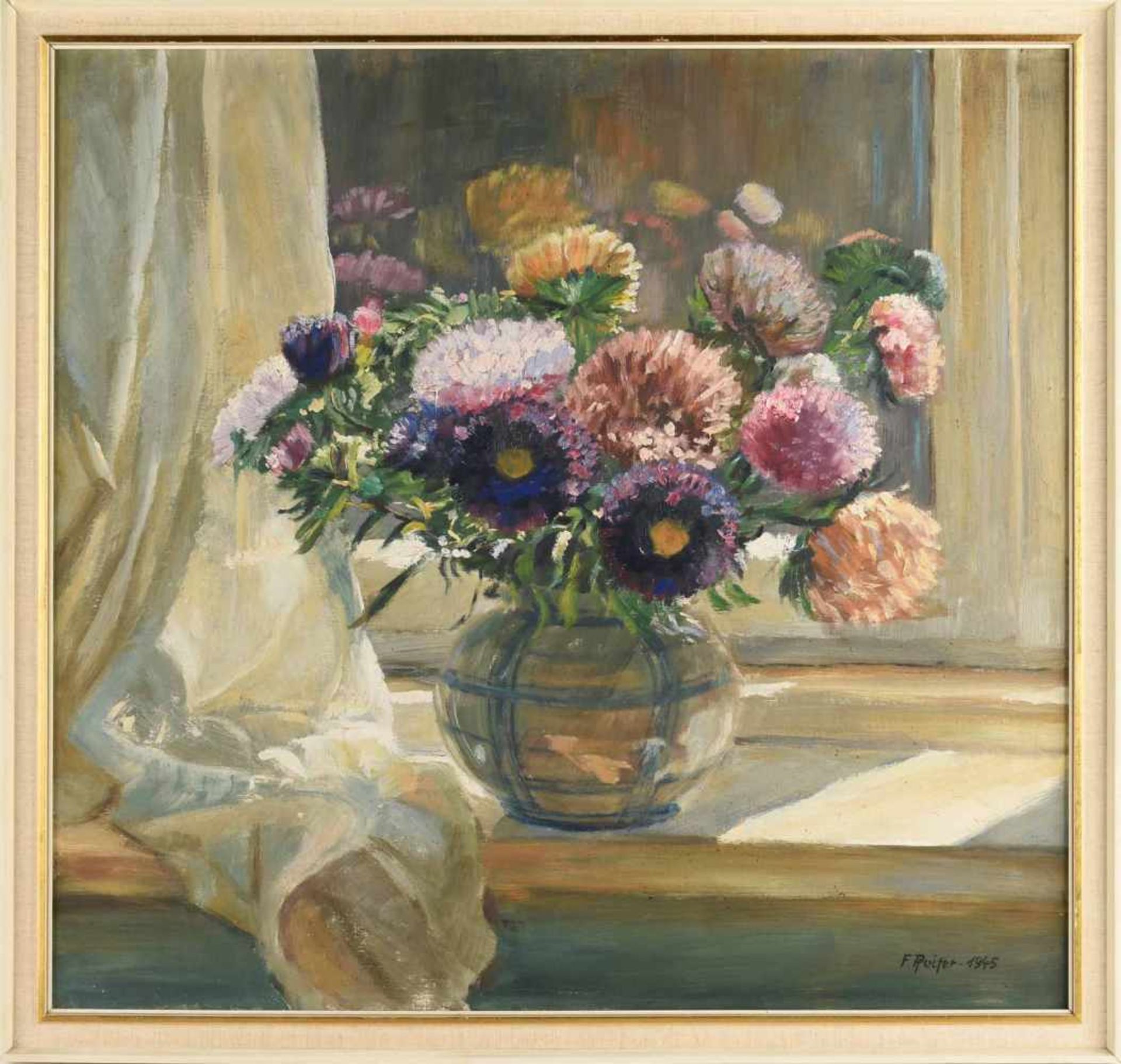 Pfeifer F. Öl/Holz, Stillleben mit Blumenstrauß in Vase, rechts unten signiert und datiert 1945, - Bild 3 aus 4