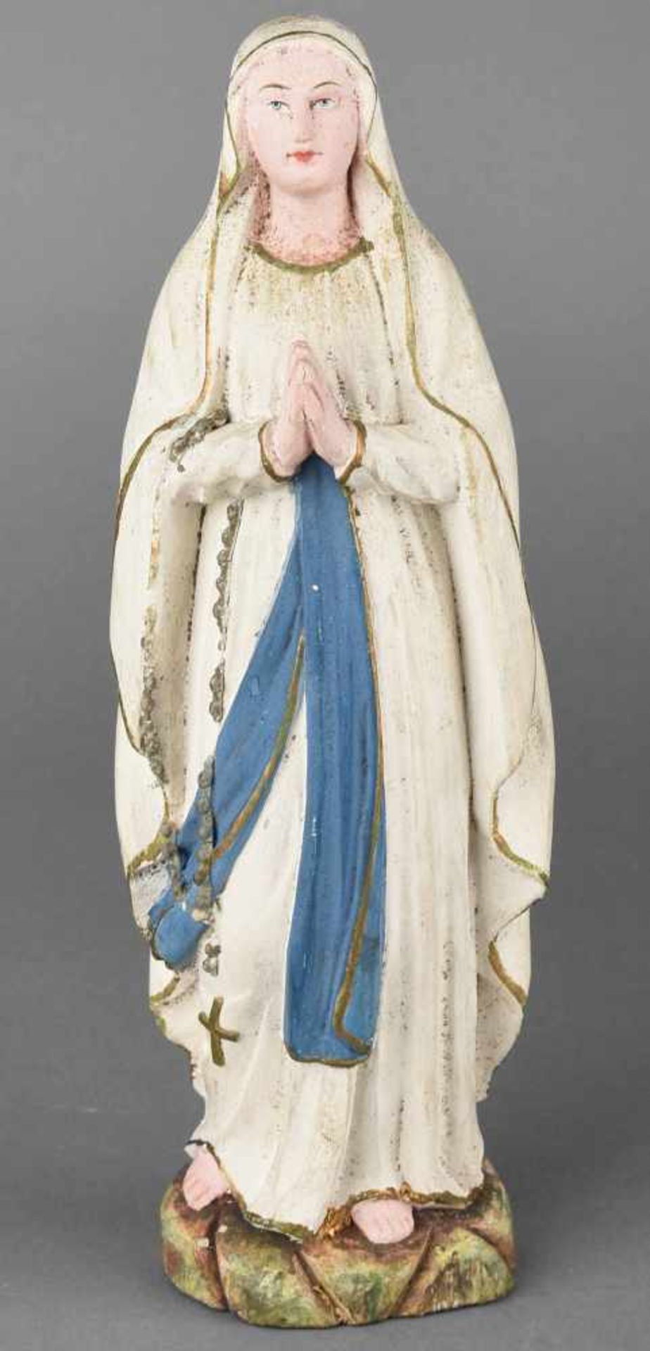Madonnenfigur Holz, vollplastisch geschnitzt und farbig gefasst, betende Madonna, Altersspuren, H - Bild 2 aus 2