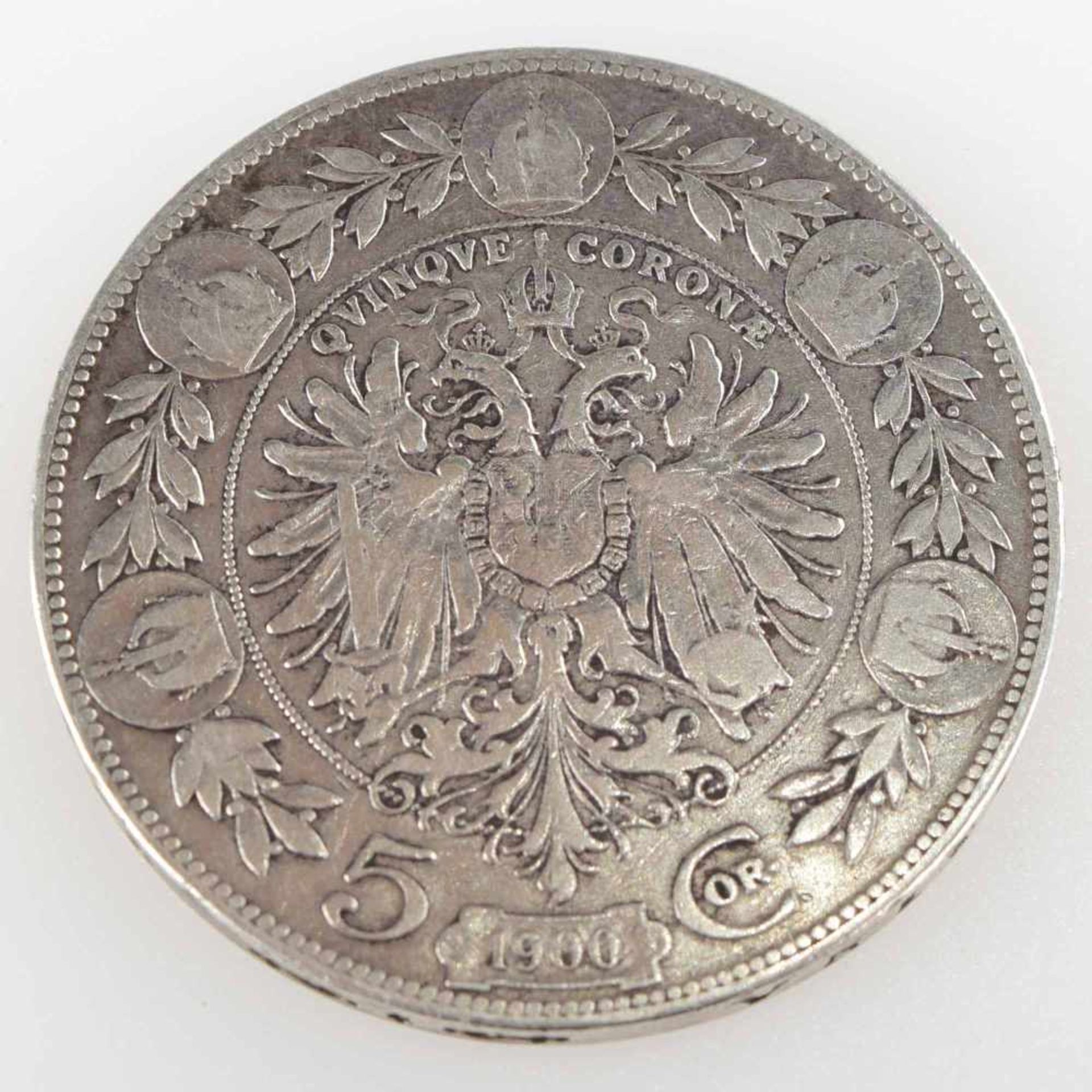 Silbermünze Österreich-Ungarn 1900 5 Kronen, av. Franz Joseph Kopf rechts mit Lorbeer (1848 - 1916), - Bild 3 aus 3