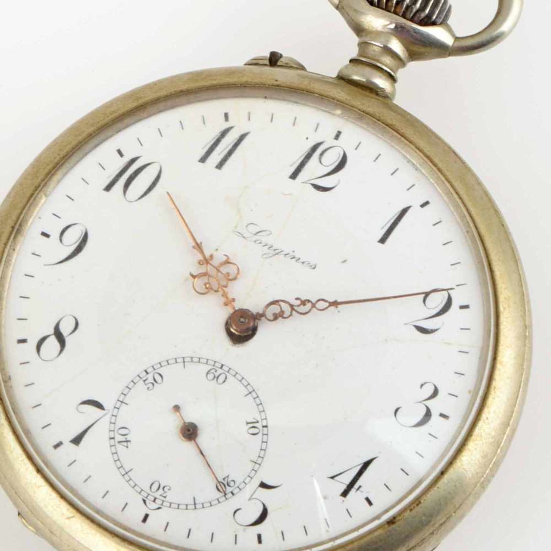 Herrentaschenuhr Metallgehäuse, mit nummeriertem Longines-Uhrwerk (2905285), Emailzifferblatt (