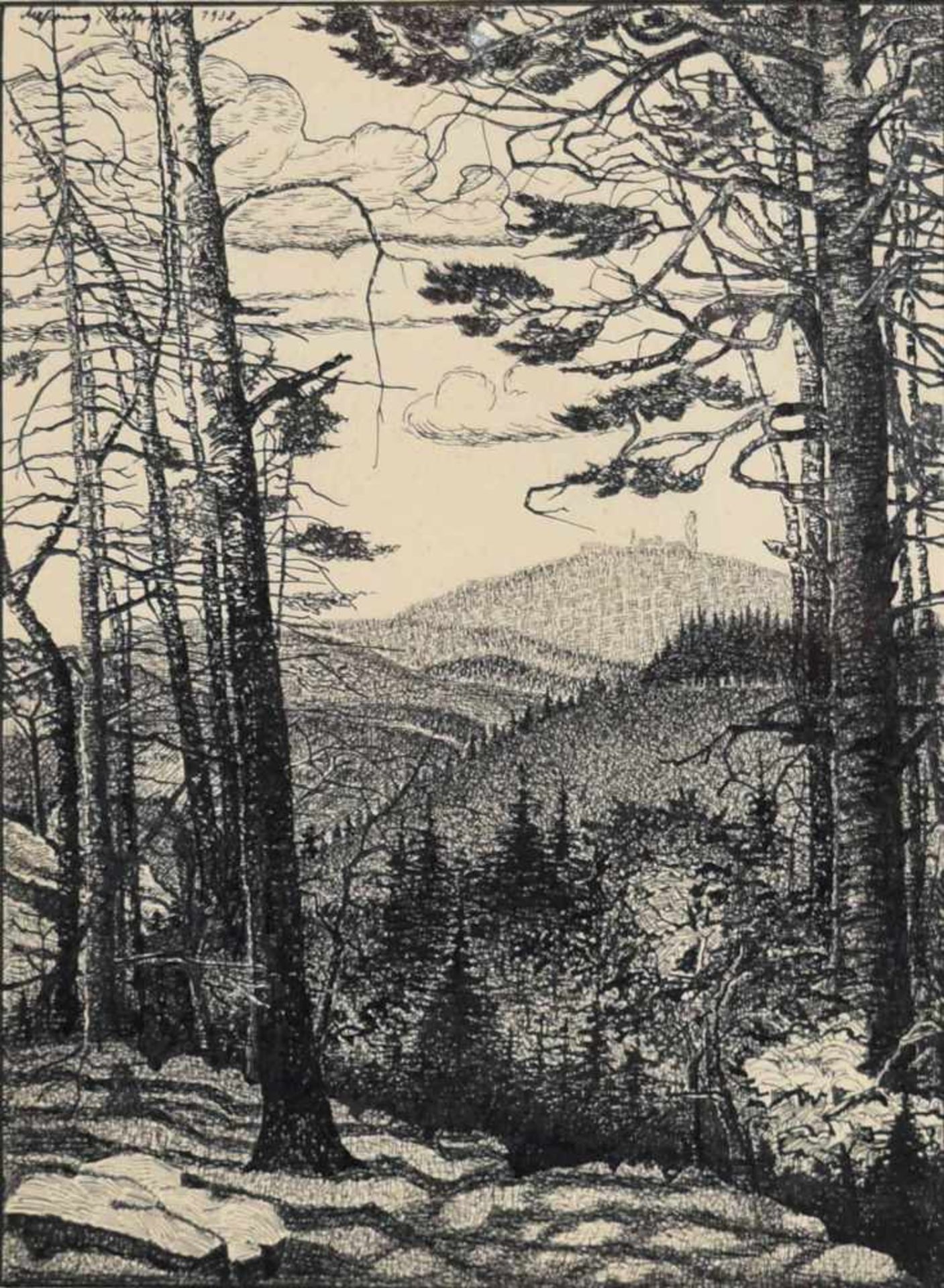 Unbekannter Lithograf Federlithografie, Blick auf den Brocken im Harz, links oben undeutlich - Bild 2 aus 4