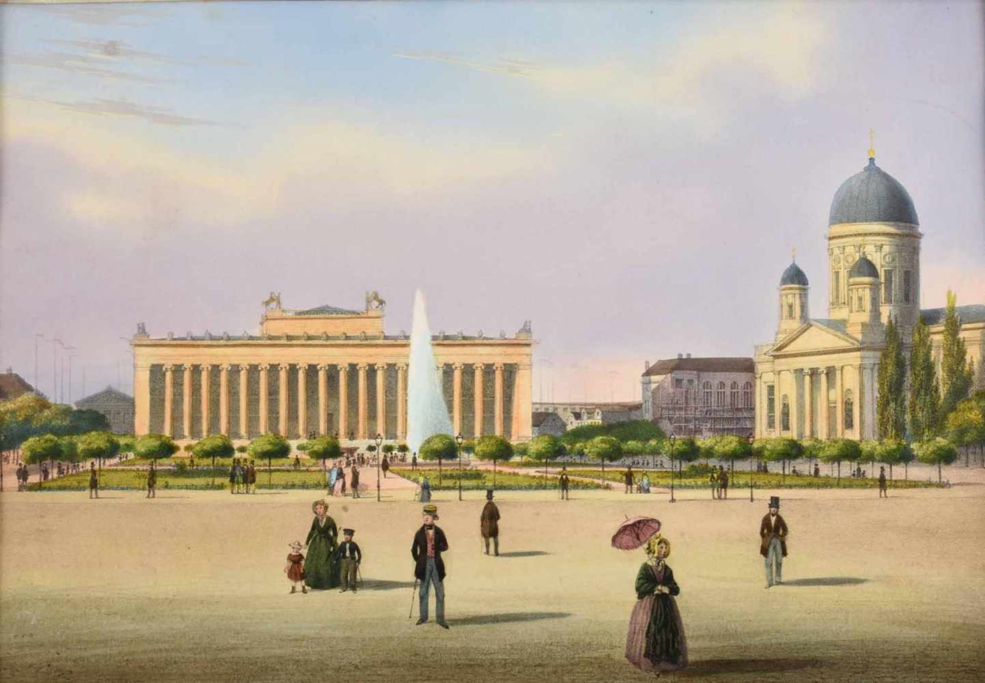 Paar Berliner Stadtansichten kolorierte Lithografien, "Der Lustgarten" mit Blick auf das Alte Museum - Bild 2 aus 4