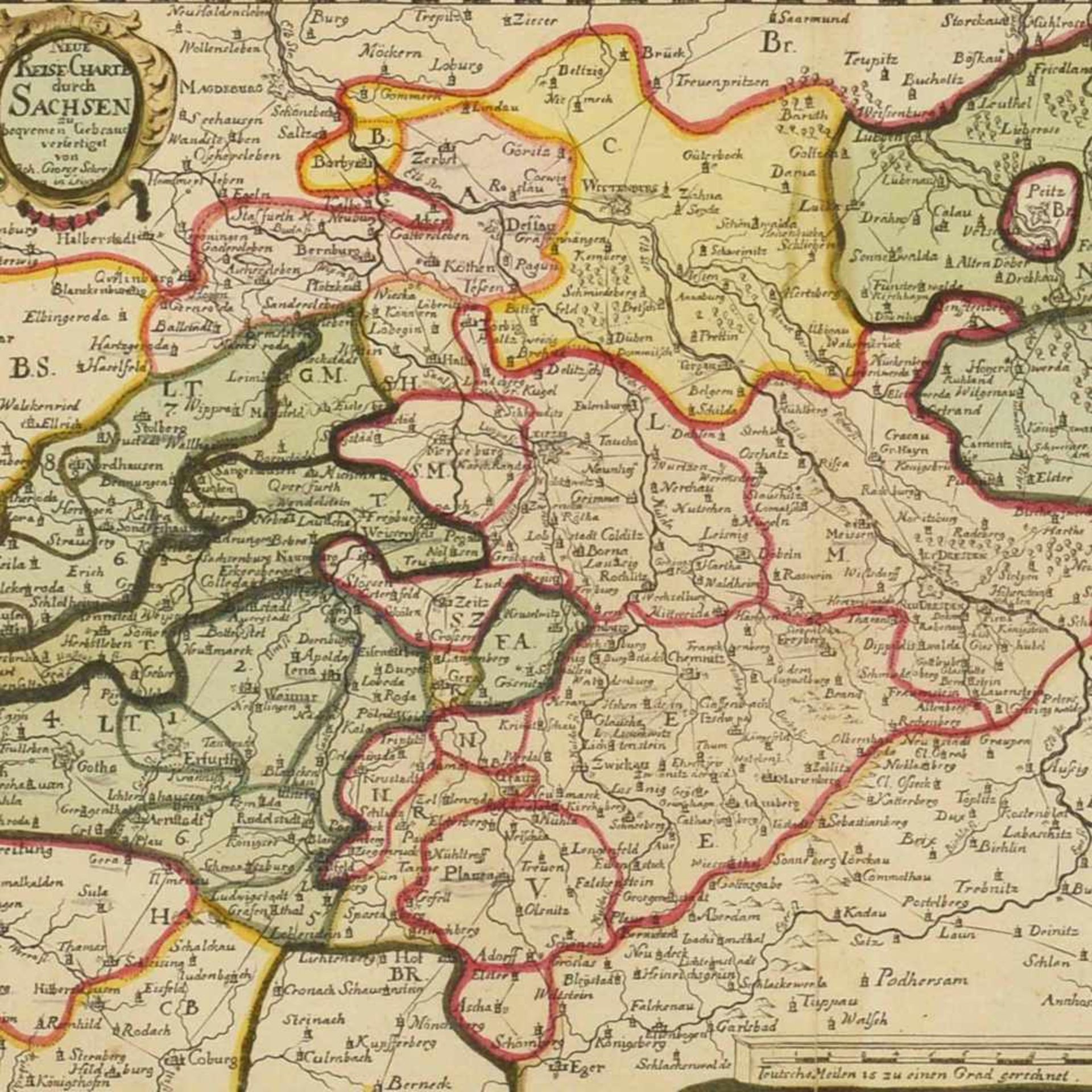 Historische Sachsenkarte Kupferstich, teilkoloriert, "Neue Reise Charte durch Sachsen zu bequemen