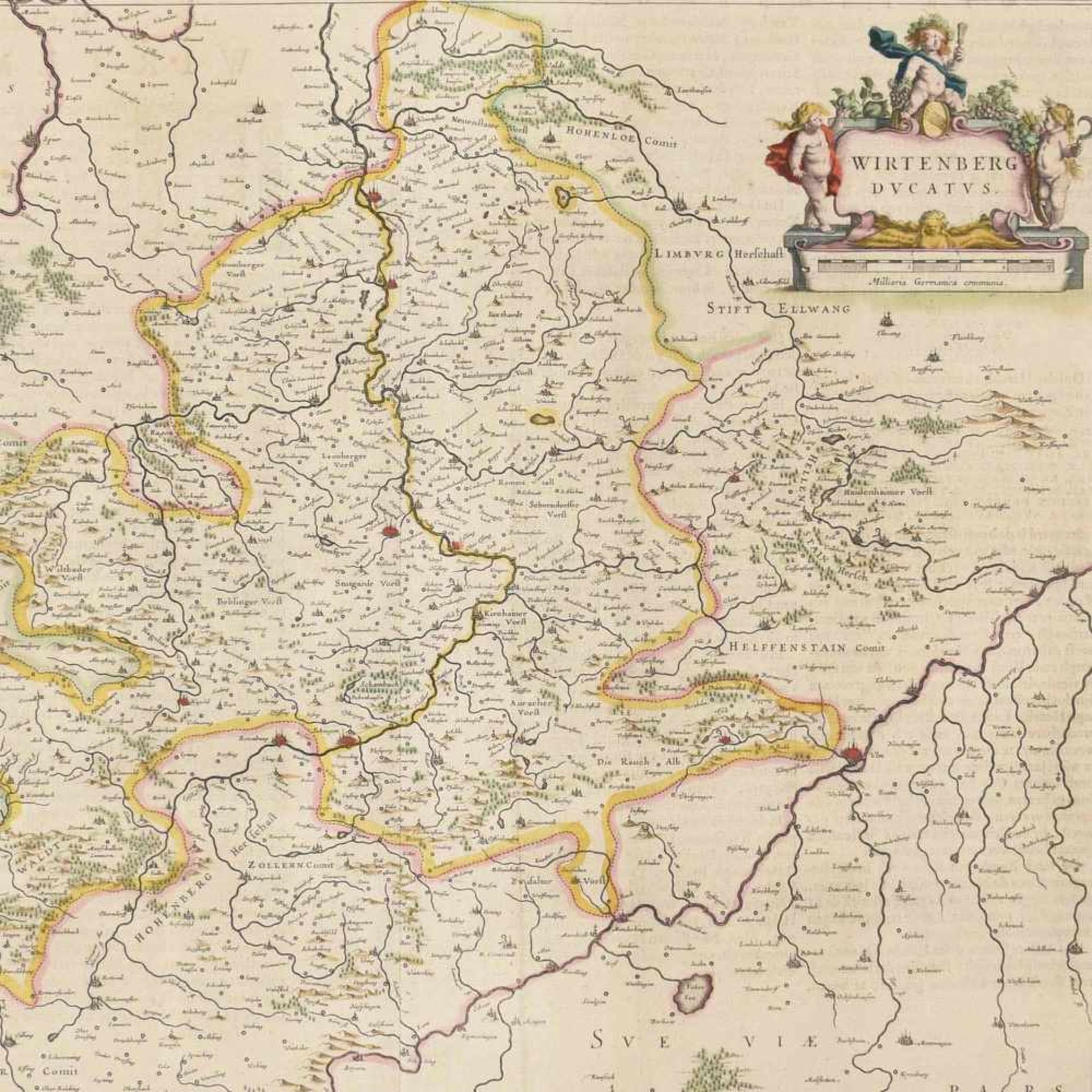 Karte Württemberg Kupferstich, teilkoloriert, "Wirtenberg Ducatus", in Kartusche bez., rs.