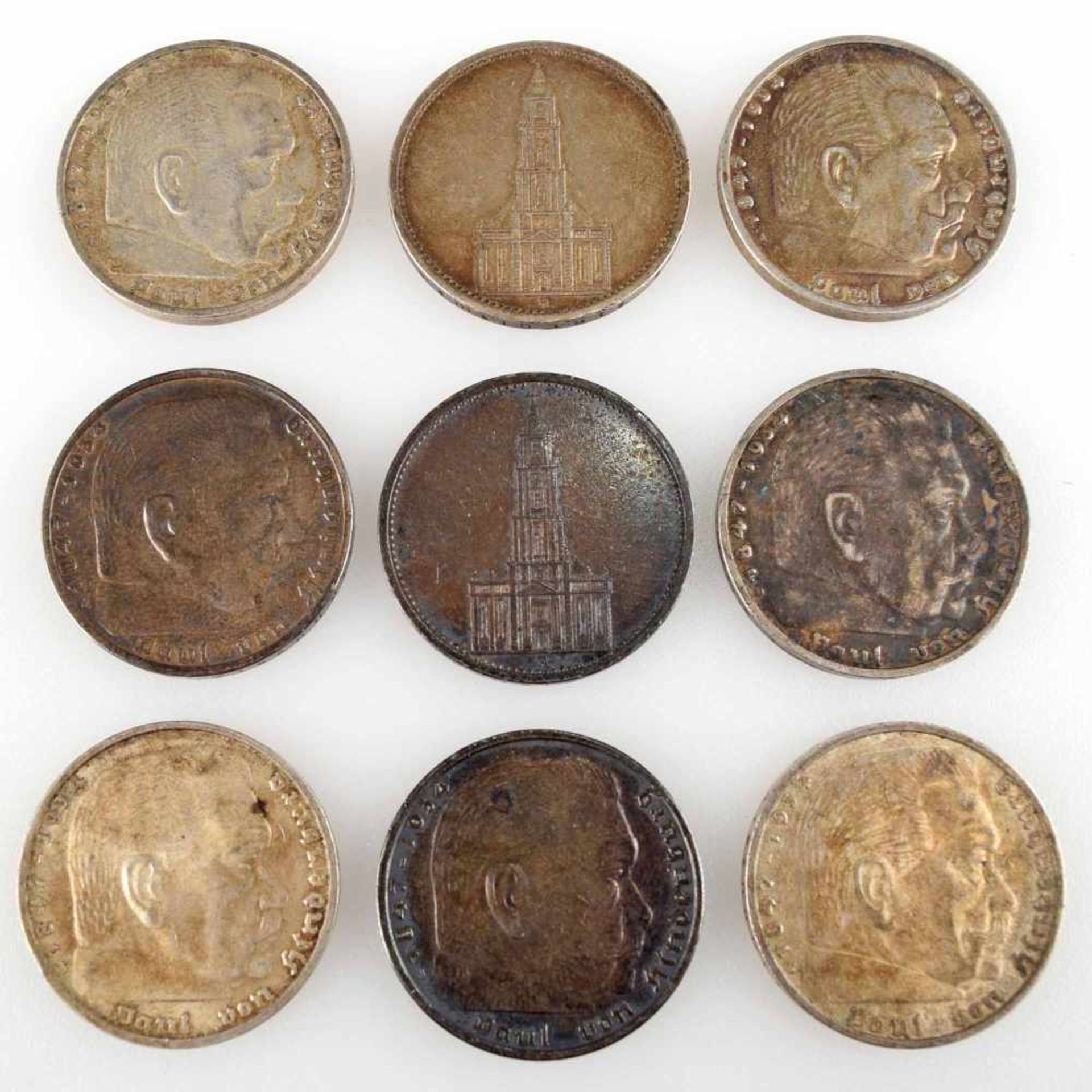 Konvolut Silbermünzen III. Reich insg. 9 Silbermünzen zu 5 Reichsmark (900/1000, jeweils 13,88 g, - Bild 2 aus 3