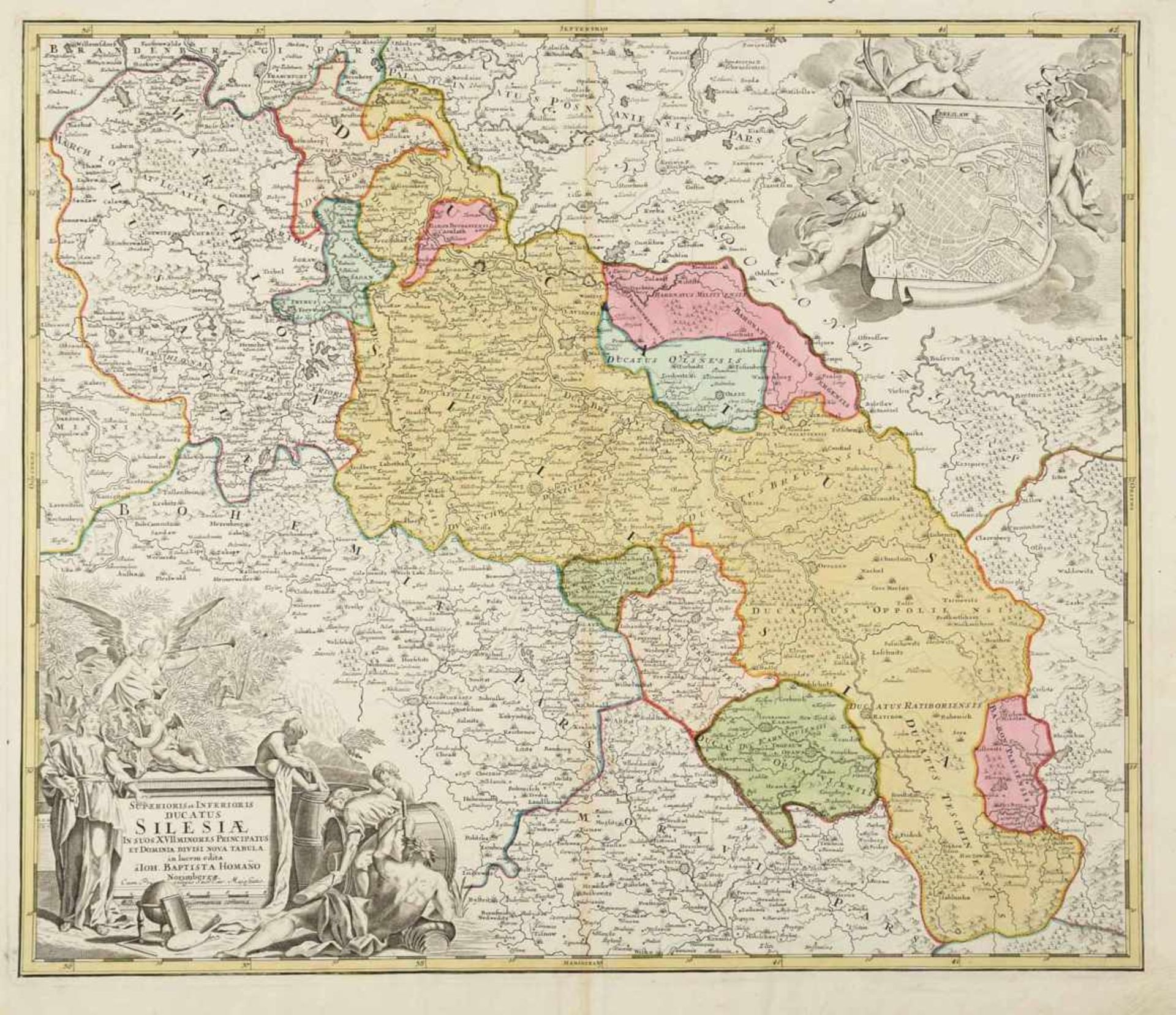 Karte Schlesien Kupferstich, teilkoloriert, "Superioris et Inferioris Ducatus Silesiae...", in - Bild 2 aus 2