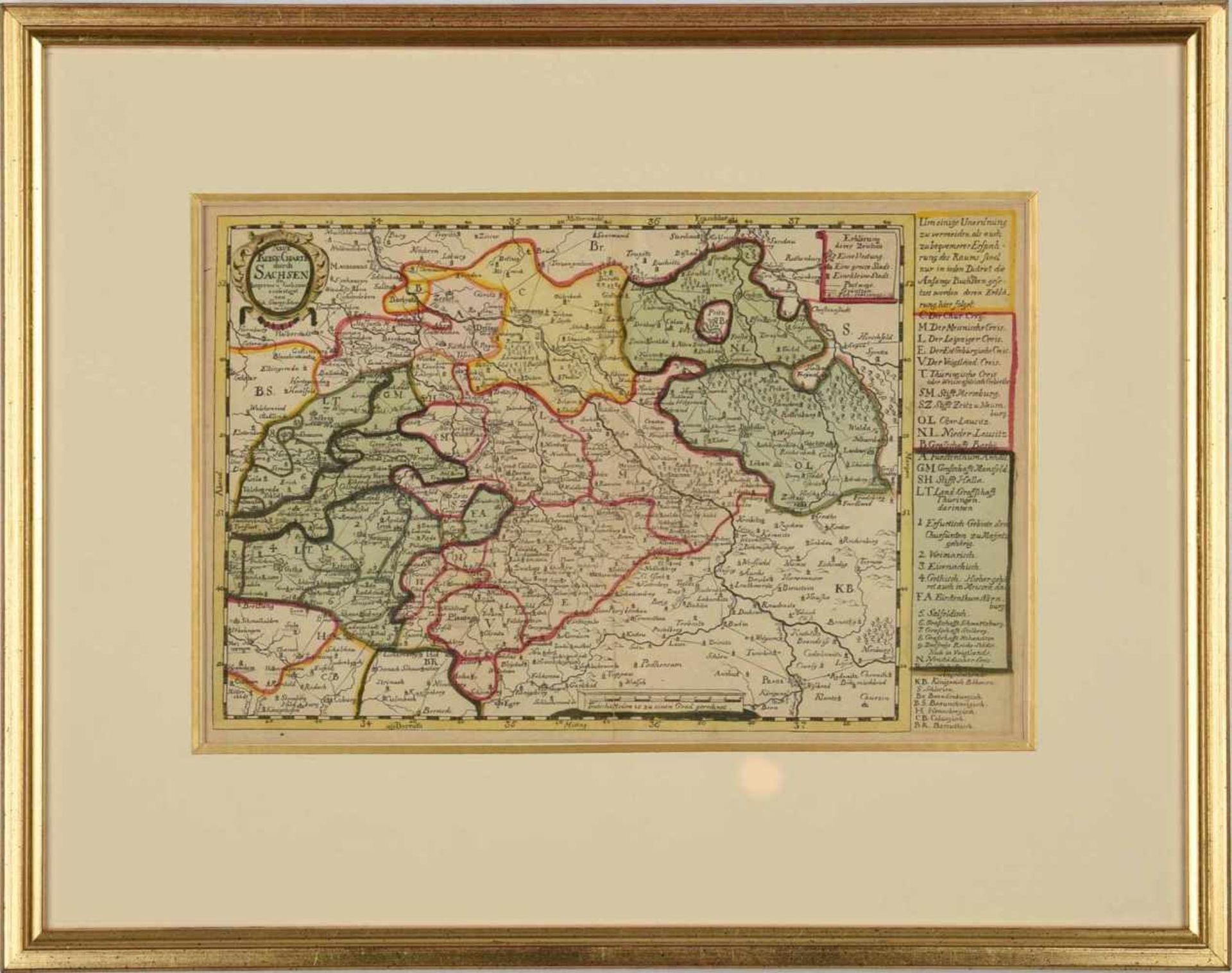 Historische Sachsenkarte Kupferstich, teilkoloriert, "Neue Reise Charte durch Sachsen zu bequemen - Bild 3 aus 3