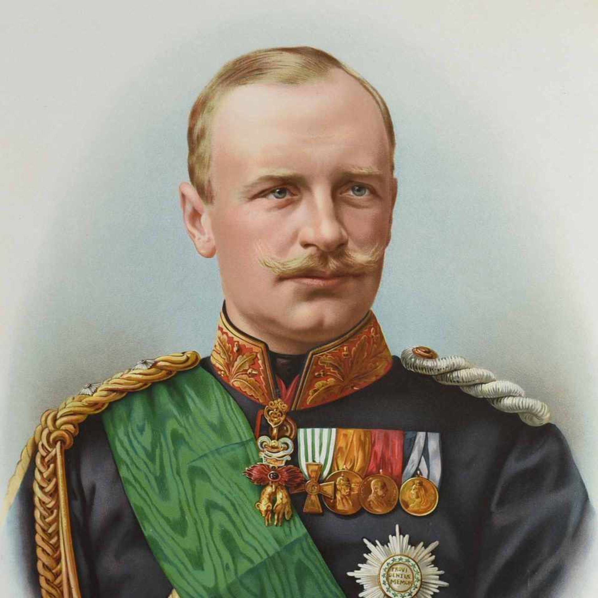 Friedrich August von Sachsen alter Mehrfarbendruck der Zeit, Brustbild in Paradeuniform, hinter Glas