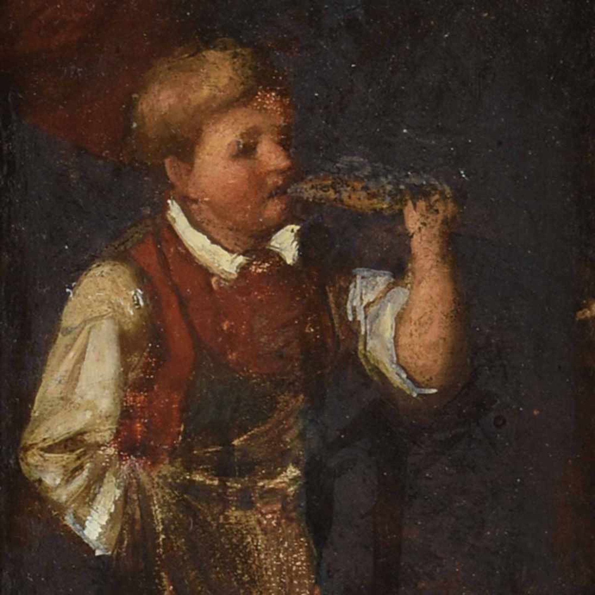 Unsigniert Öl/Karton, Junge in Küche, gerahmt, Altersspuren, ca. 14 x 9 cm, mit Rahmen ca. 24 x 19,5