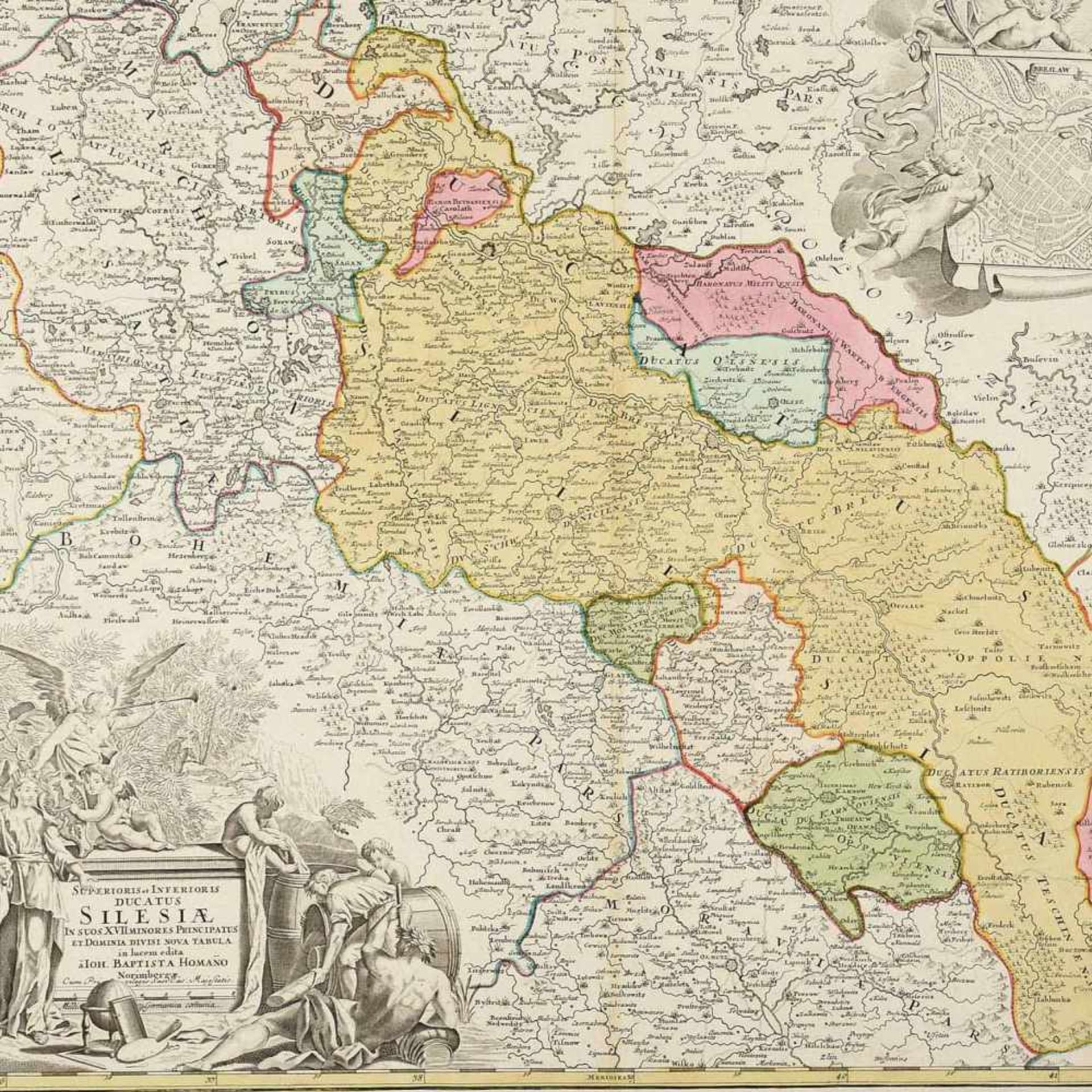 Karte Schlesien Kupferstich, teilkoloriert, "Superioris et Inferioris Ducatus Silesiae...", in