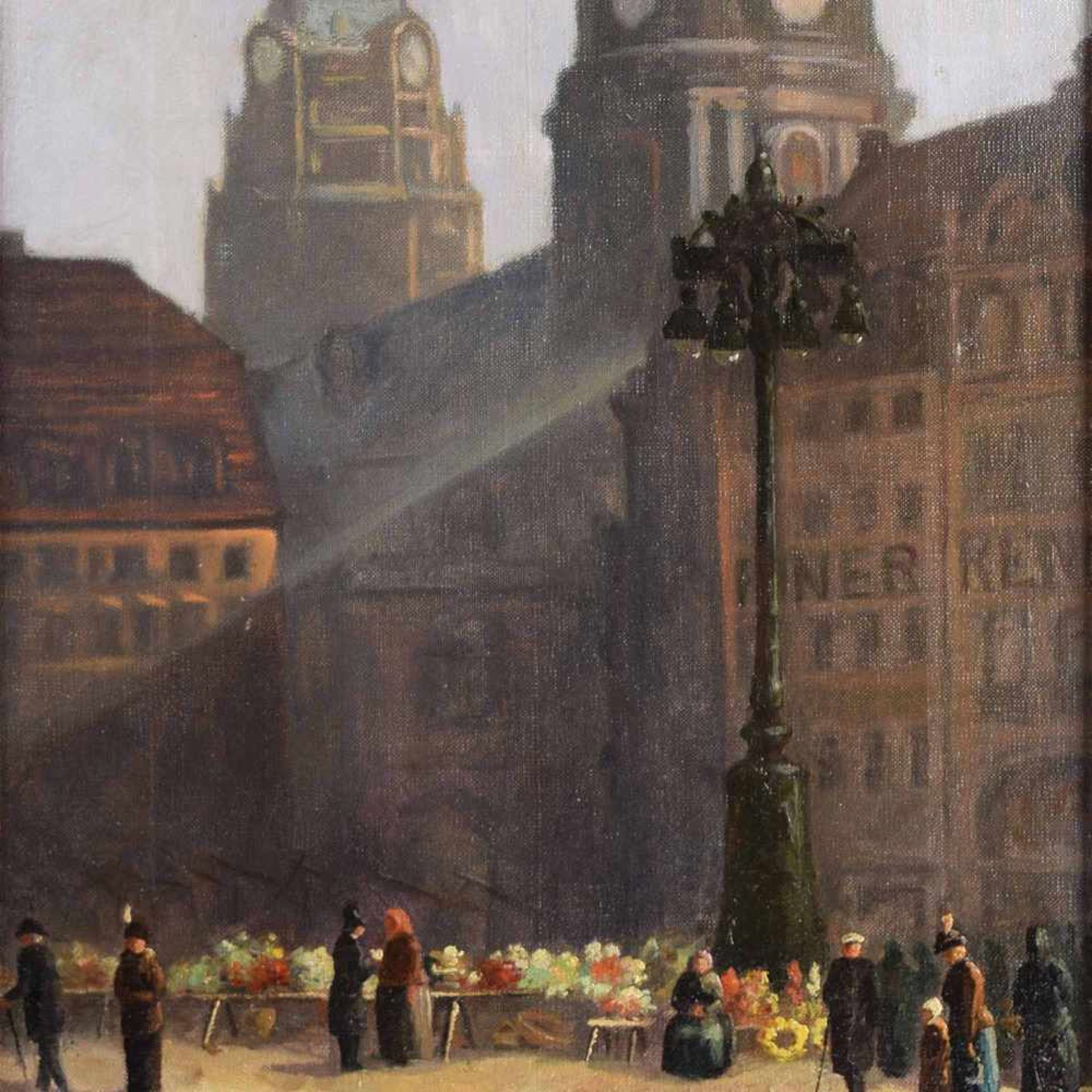Unbekannter Künstler Öl/Lwd., Dresden-Ansicht mit Blumenmarkt vor Altstadtkulisse, gerahmt, ca. 57 x