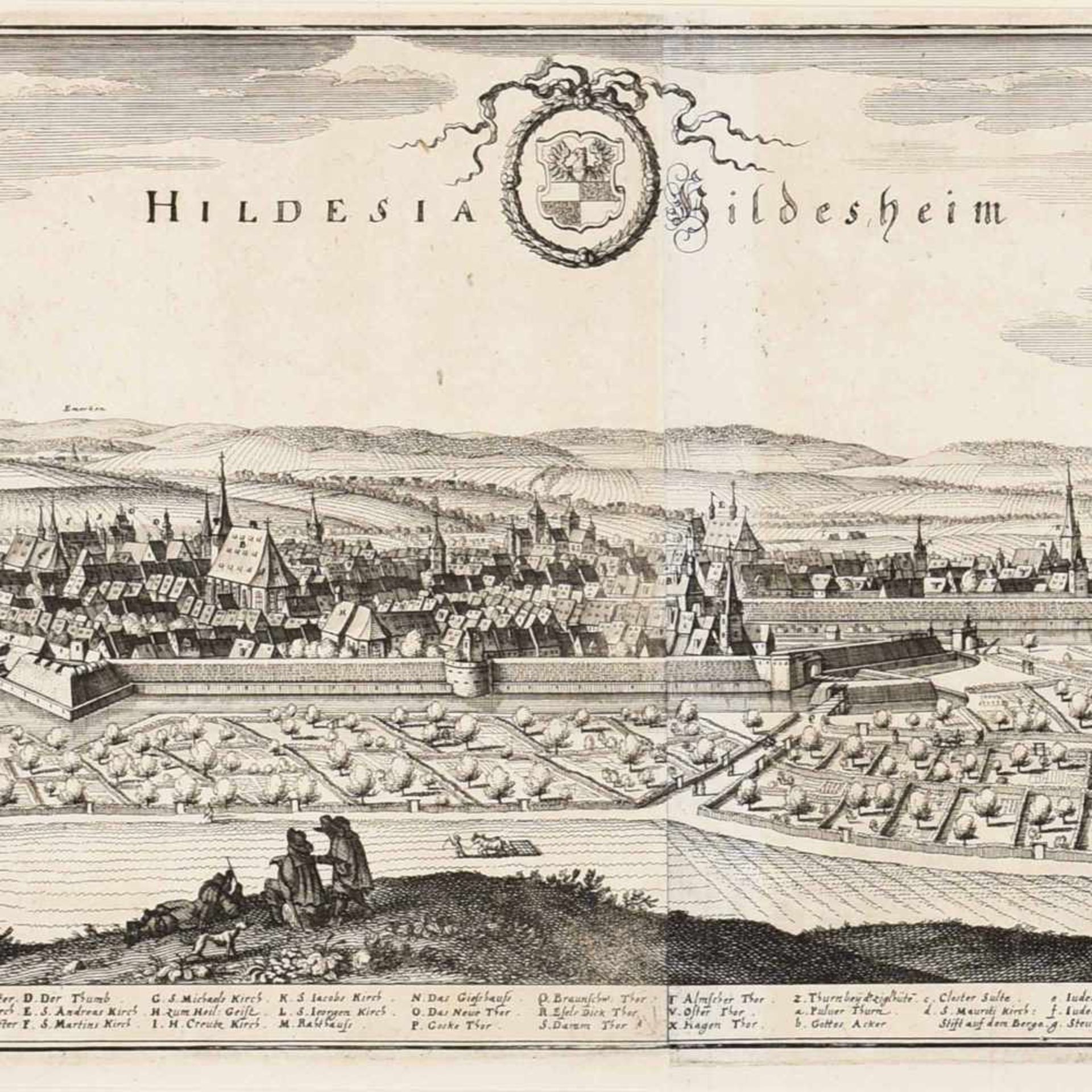 Ansicht von Hildesheim Kupferstich, "Hildesia", Panorama der Stadt Hildesheim mit barocken