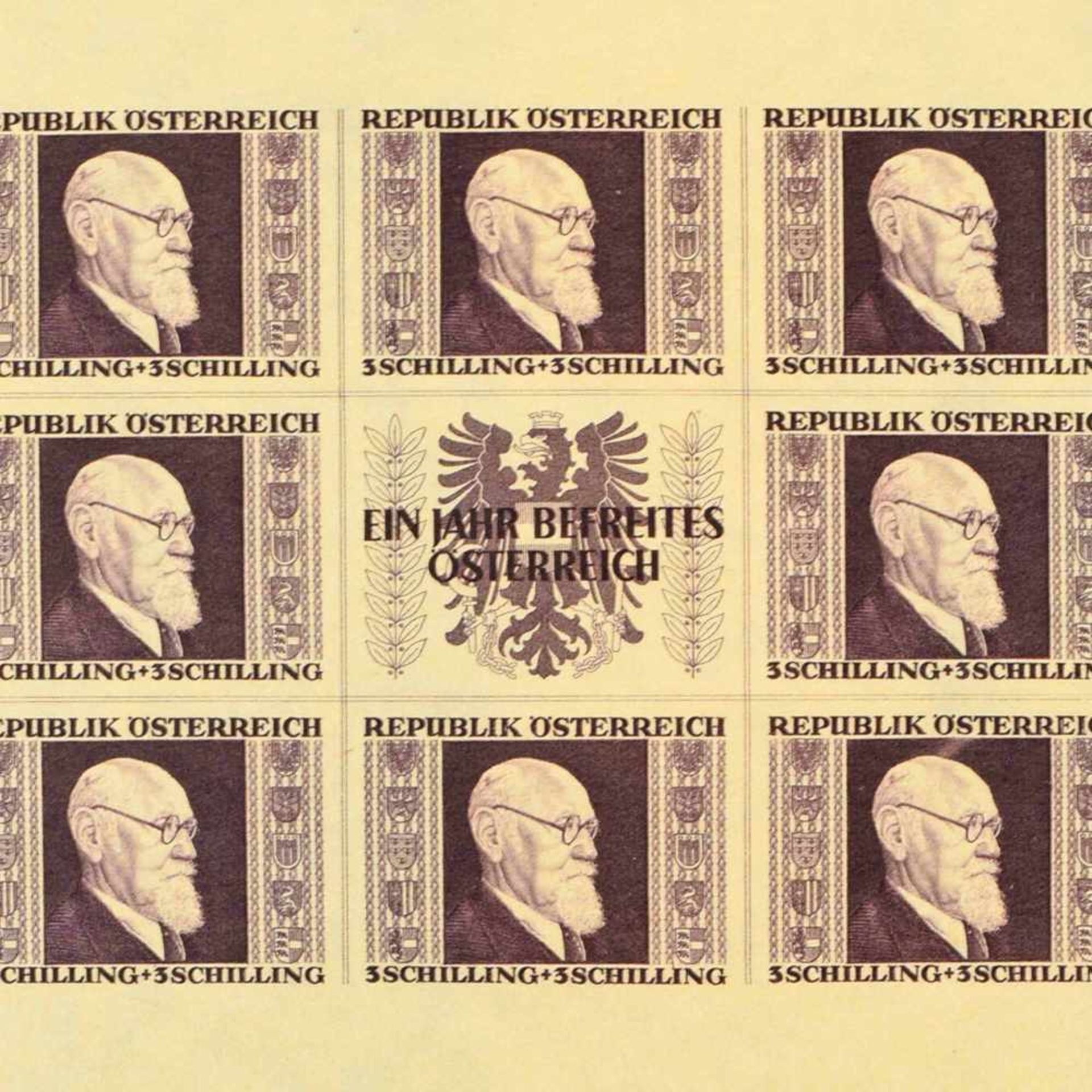 Briefmarken Österreich 1946 postfrisch, insg. alle 4 Blockausgaben, sog. "Renner-Blöcke" (Kleinbogen