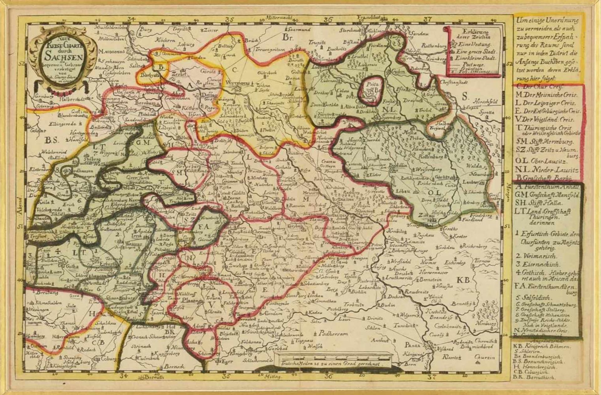 Historische Sachsenkarte Kupferstich, teilkoloriert, "Neue Reise Charte durch Sachsen zu bequemen - Bild 2 aus 3