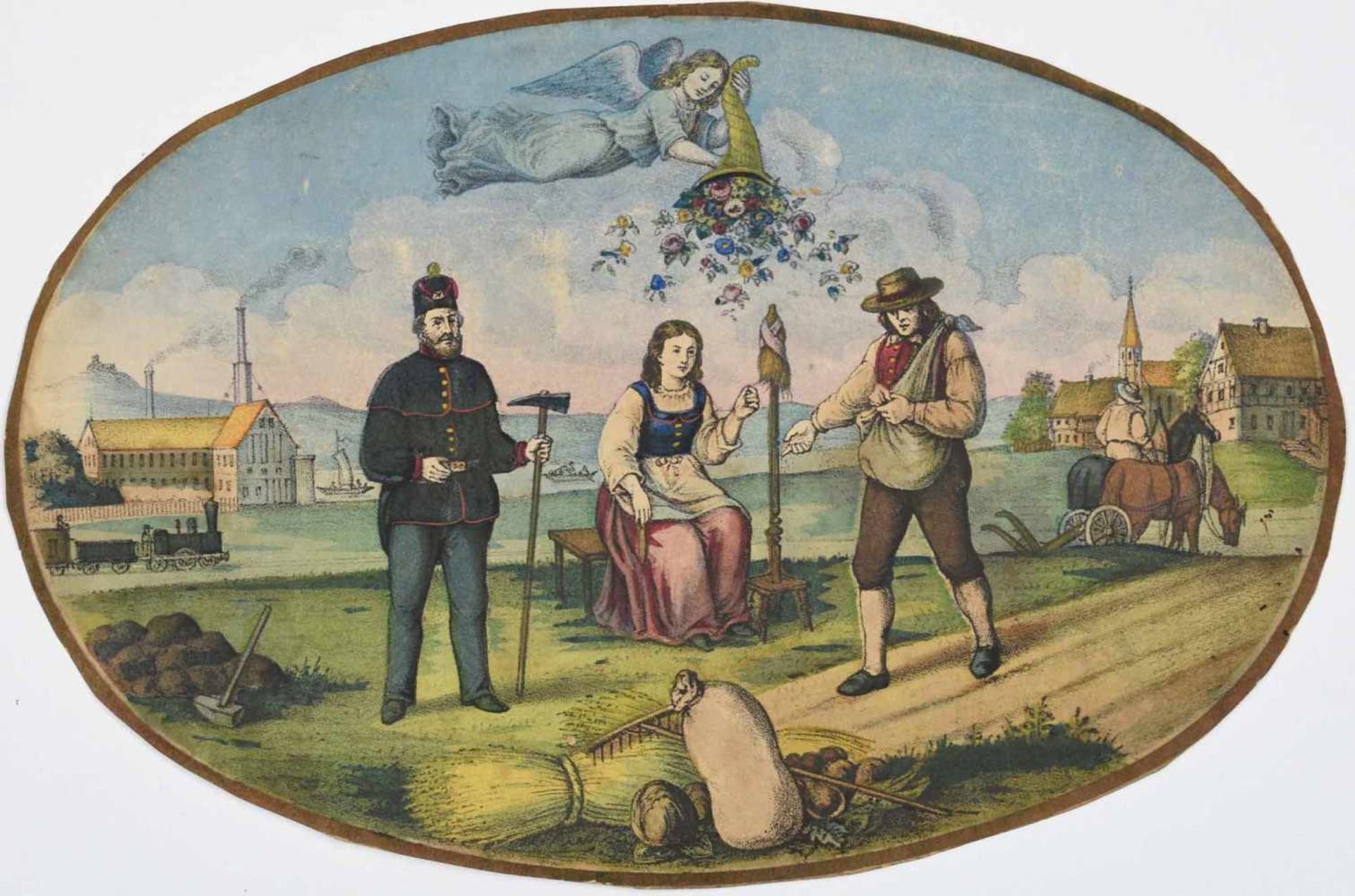 Allegorie zu Sachsens Gewerken kolorierte Lithografie, allegorische Darstellung u.a. zu Bergbau, - Bild 2 aus 2