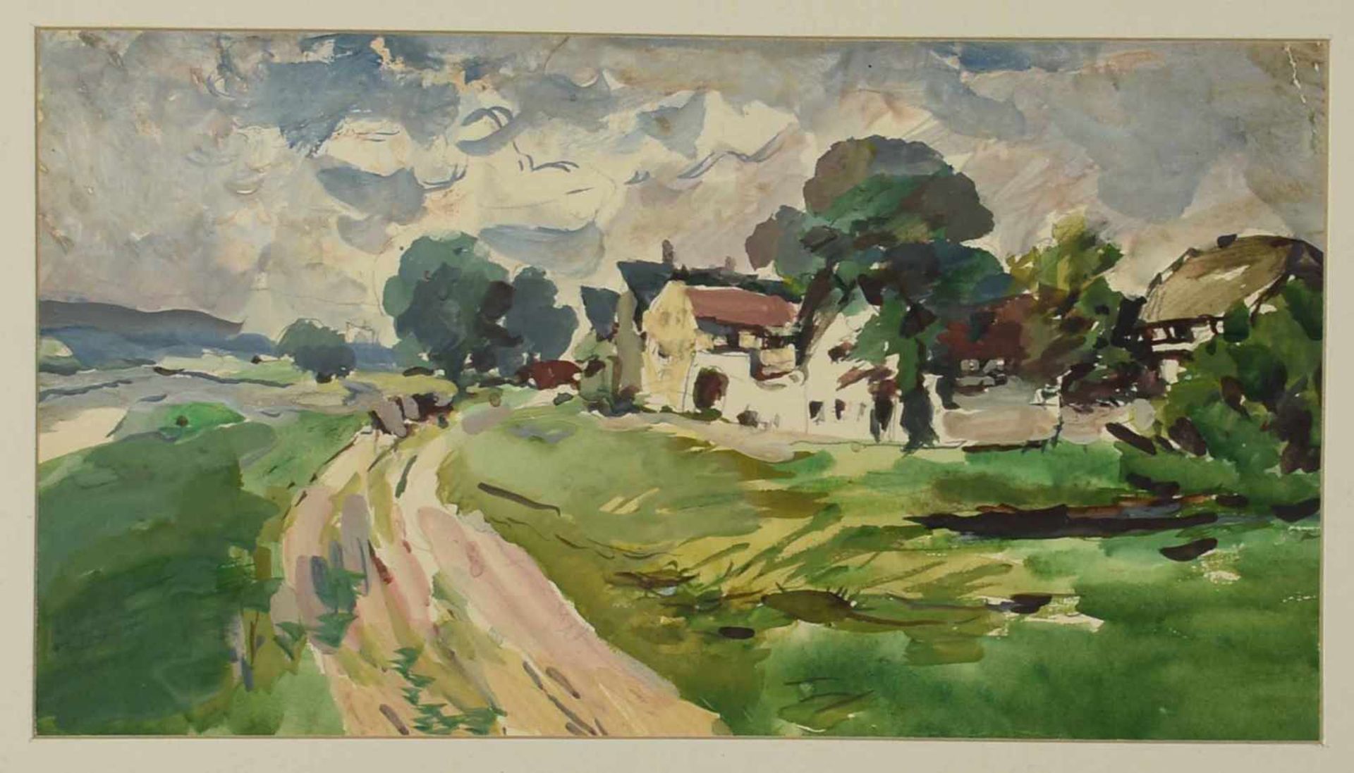 Dressler, J. Aquarell und Gouache über Blei, Feldweg am Dorfrand, im Hintergrund Mittelgebirgszug, - Bild 2 aus 4