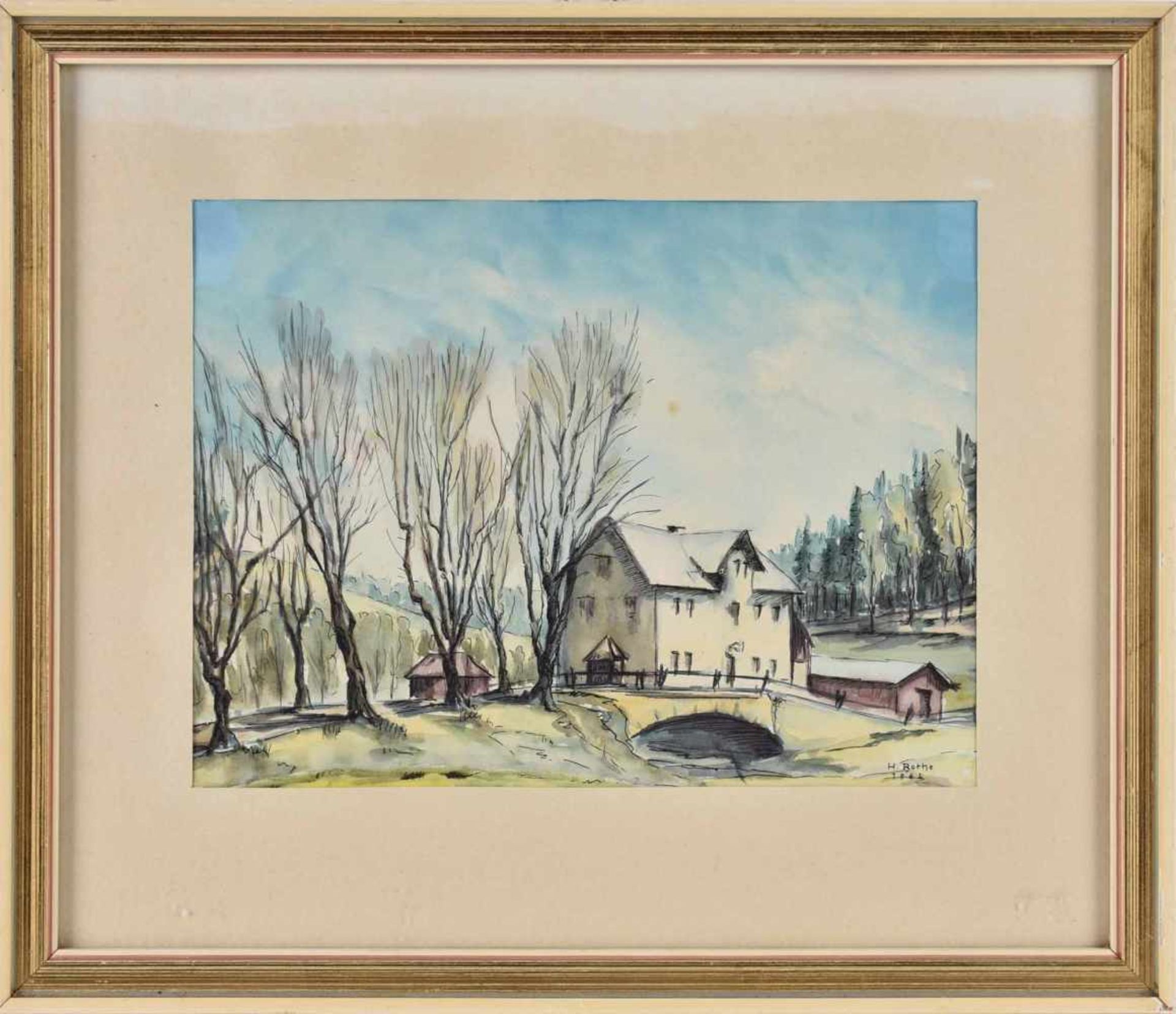 Rothe, Hans aquarellierte Federzeichnung, Blick auf ein Haus mit Baumallee, wohl Ansicht aus dem - Bild 3 aus 3