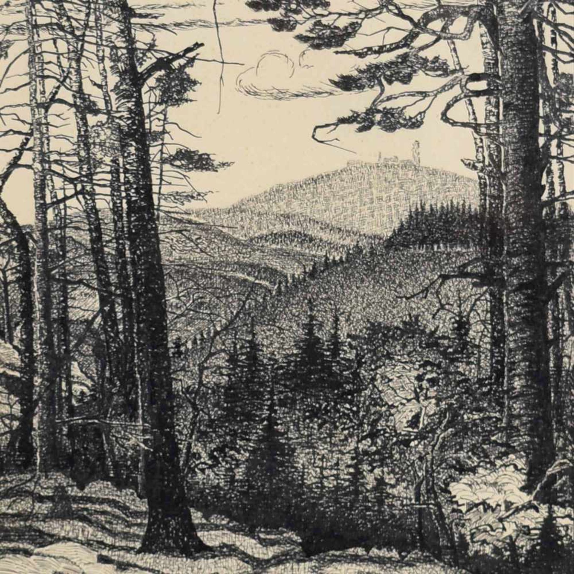 Unbekannter Lithograf Federlithografie, Blick auf den Brocken im Harz, links oben undeutlich