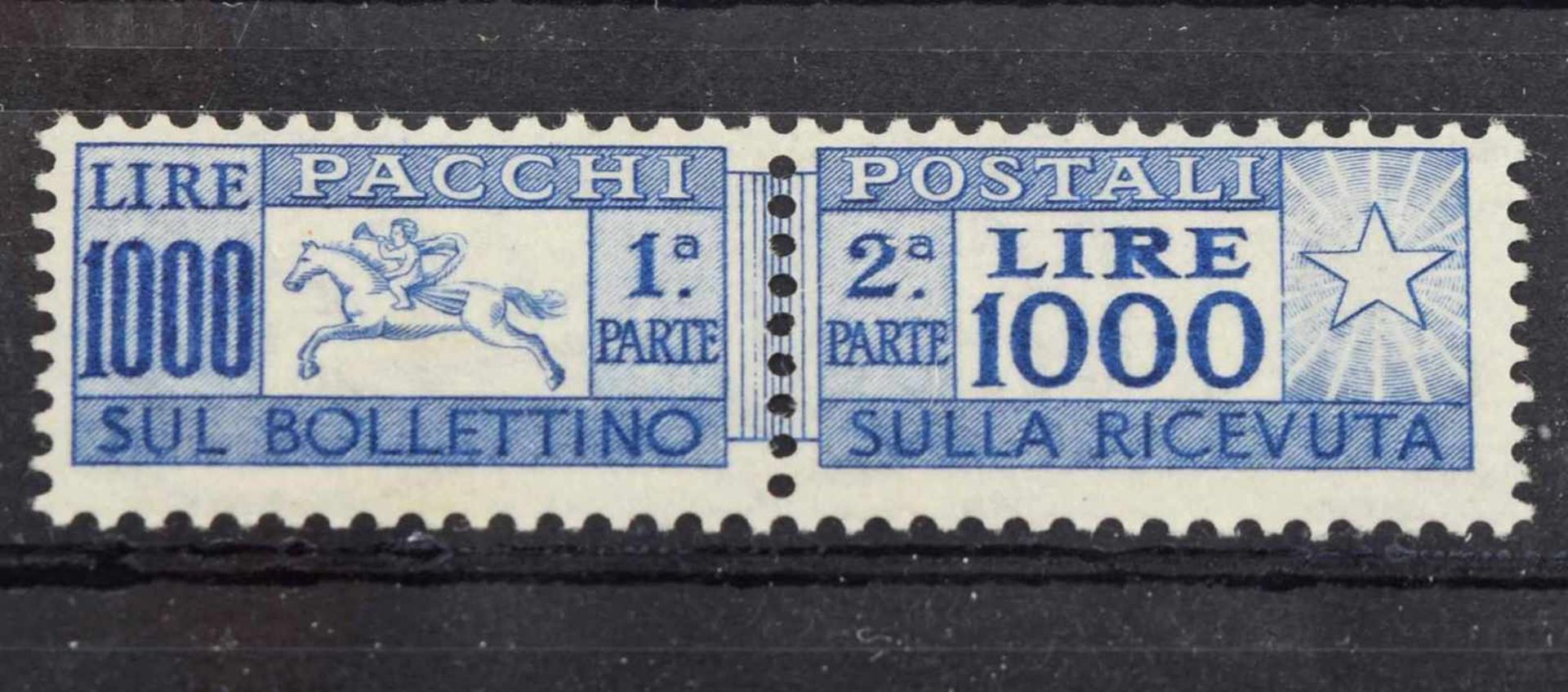 Briefmarke Italien postfrisch sauber, Paketmarke vom 4. Juni 1954, 1000 Li. kornblumenblau, Mi.- - Bild 2 aus 2