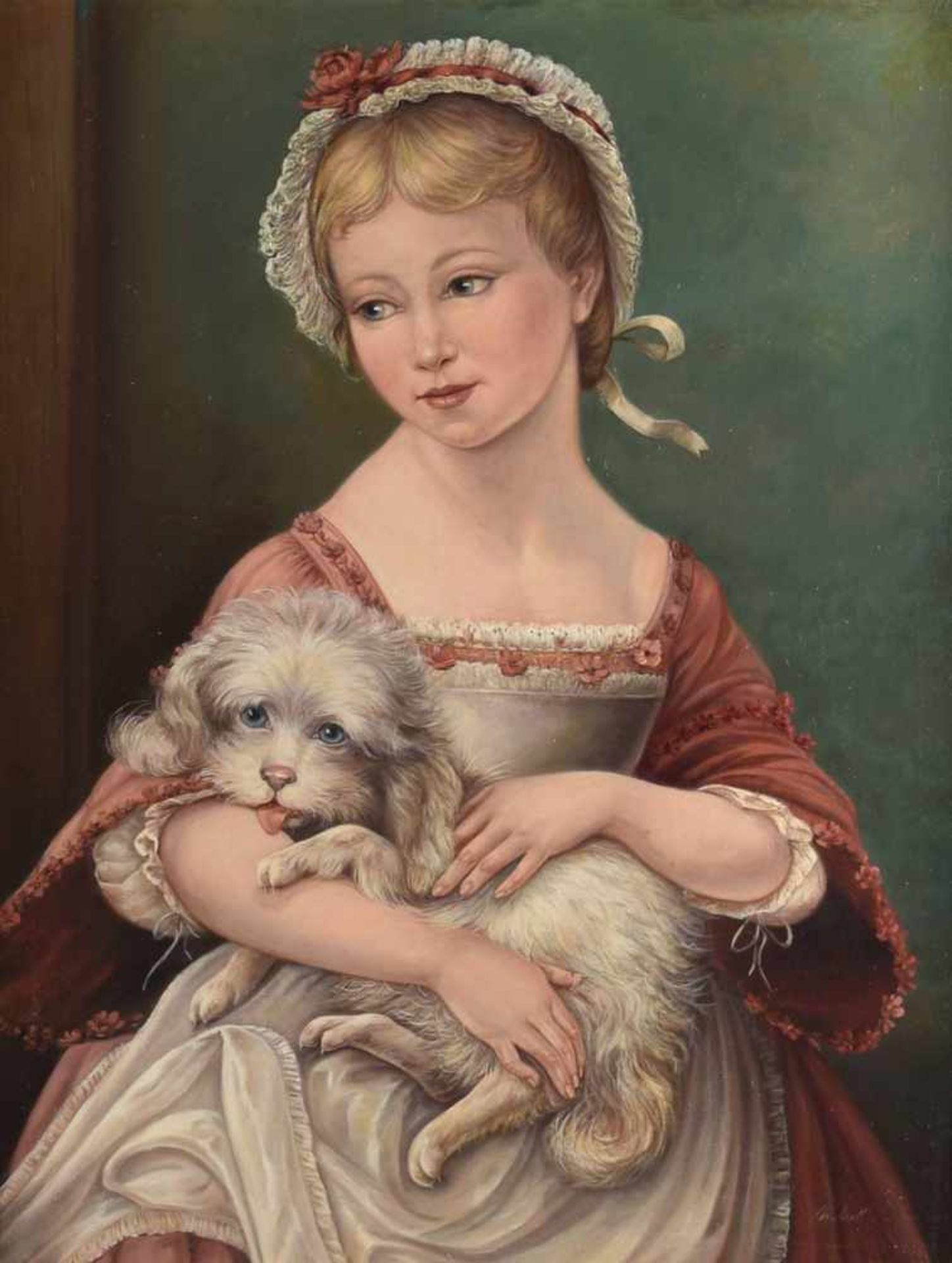 Undeutlich signiert Öl/Lwd., junges Mädchen mit Hund, im Stil des 19. Jhs., gerahmt, ca. 62 x 47 cm, - Bild 2 aus 4