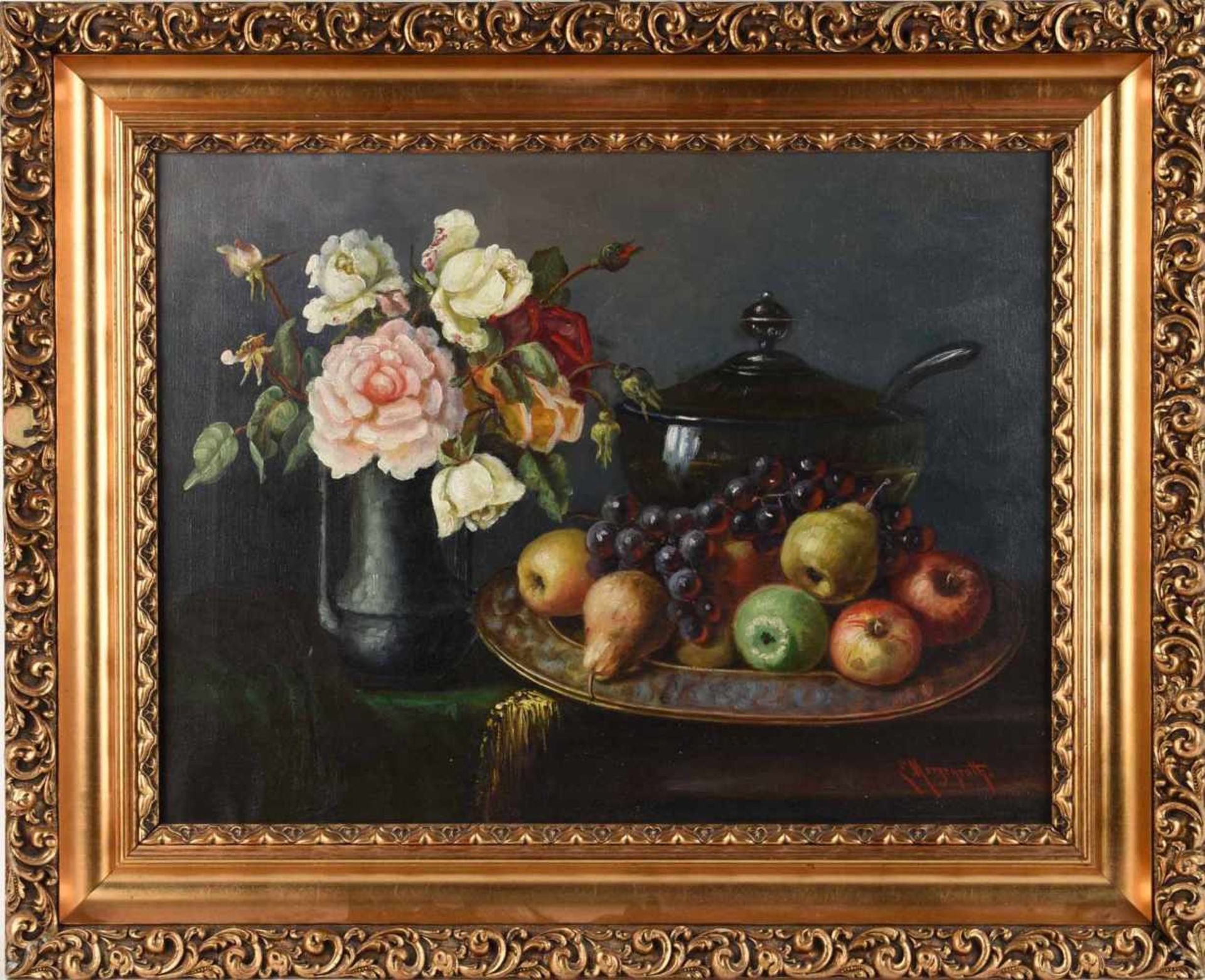 Morgenroth, E. Öl/Lwd., Stillleben mit Vase und Fruchtschale, rechts unten signiert, Goldstuckrahmen - Image 3 of 4