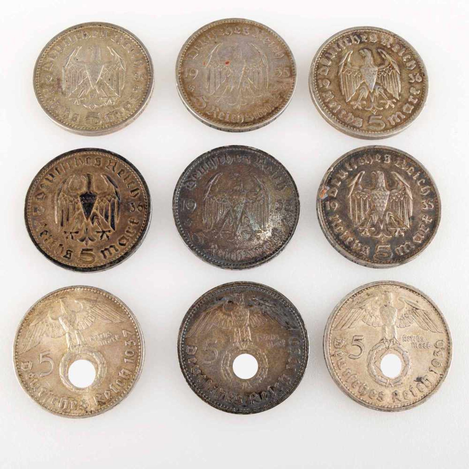 Konvolut Silbermünzen III. Reich insg. 9 Silbermünzen zu 5 Reichsmark (900/1000, jeweils 13,88 g, - Bild 3 aus 3