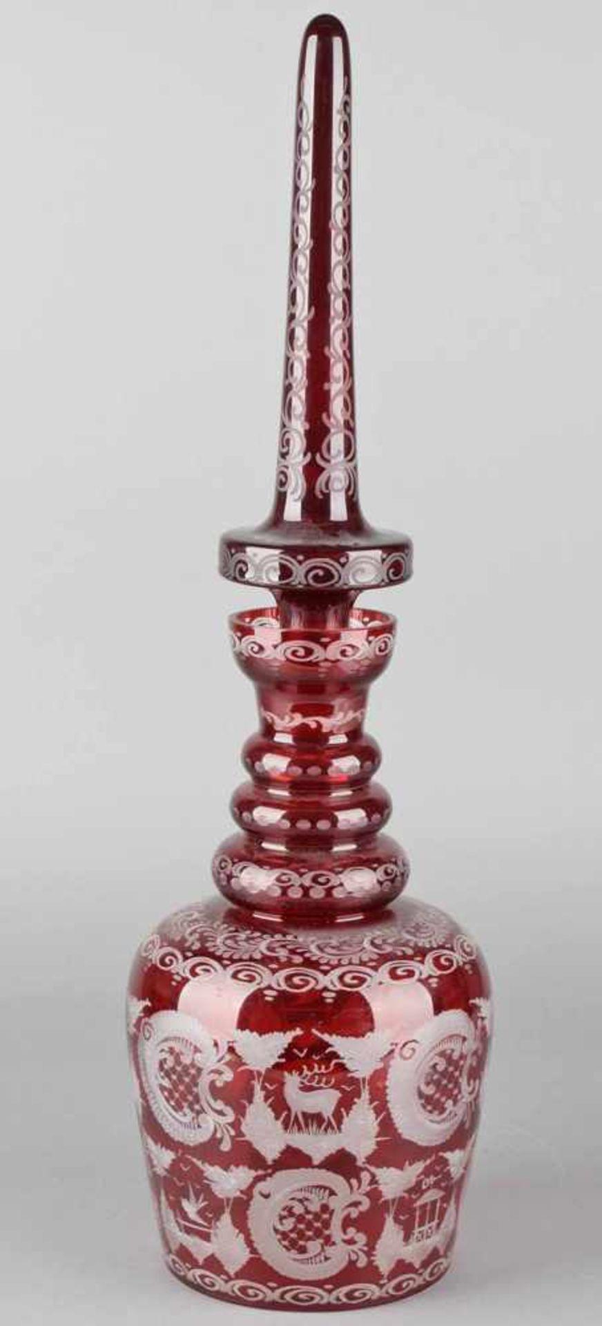 Große Historismus-Karaffe farbloses Glas mit Rotätze, schulterständig gebauchte Wandung, darüber - Bild 2 aus 3