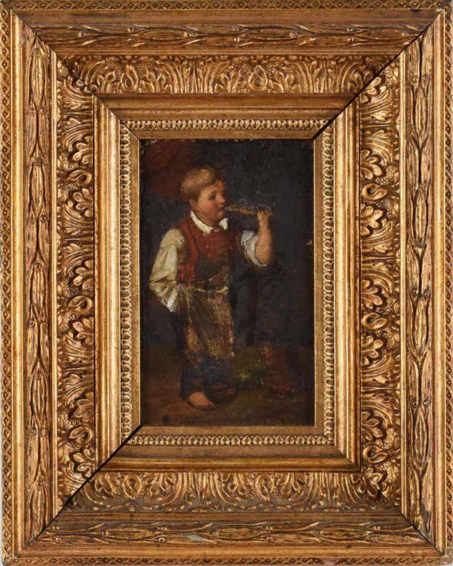 Unsigniert Öl/Karton, Junge in Küche, gerahmt, Altersspuren, ca. 14 x 9 cm, mit Rahmen ca. 24 x 19,5 - Bild 3 aus 3