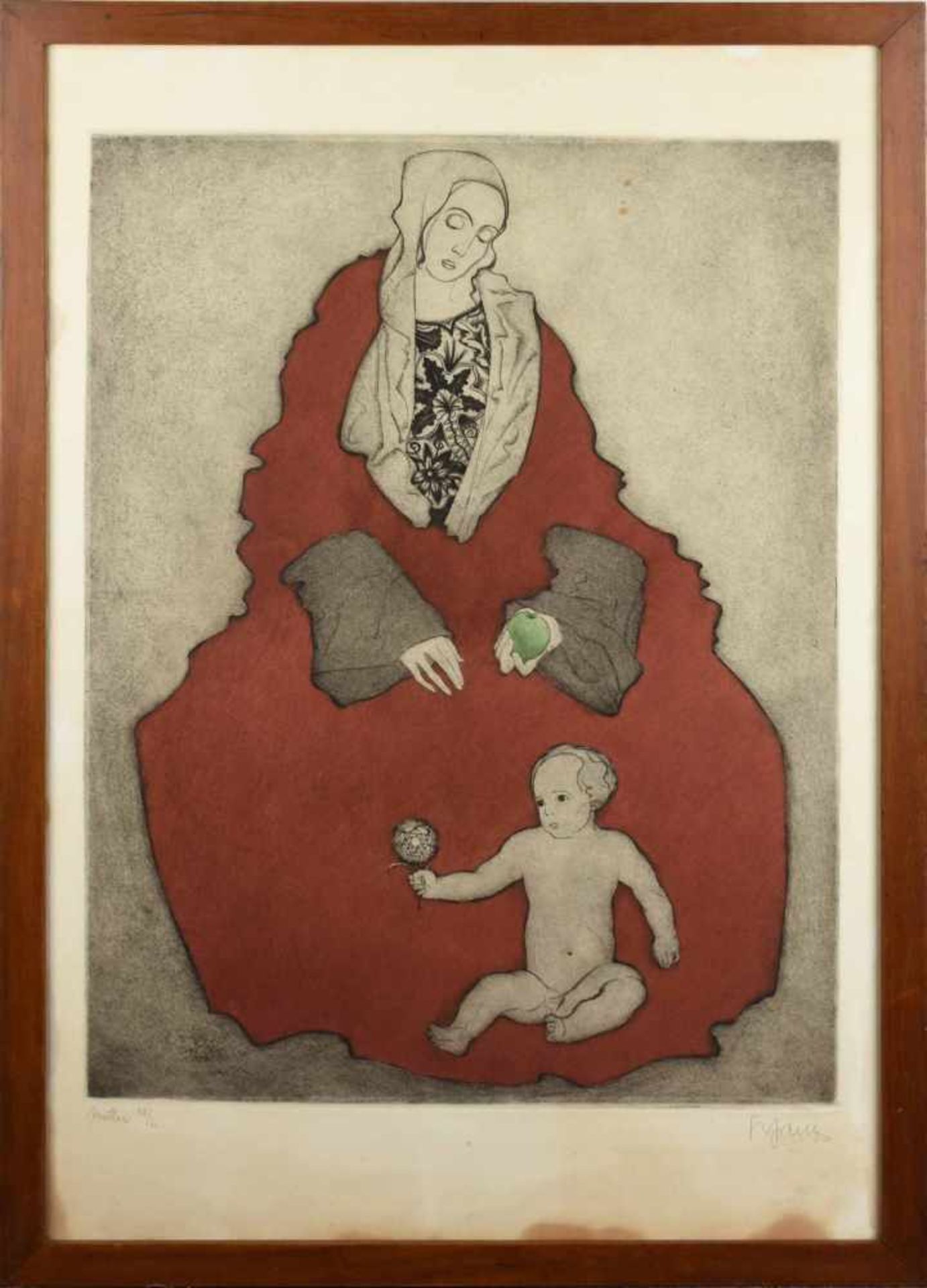 Frank, Sepp (1889 Miesbach - 1970 Feldafing) großformatige Farbradierung, "Mutter", Madonna im roten - Bild 3 aus 4