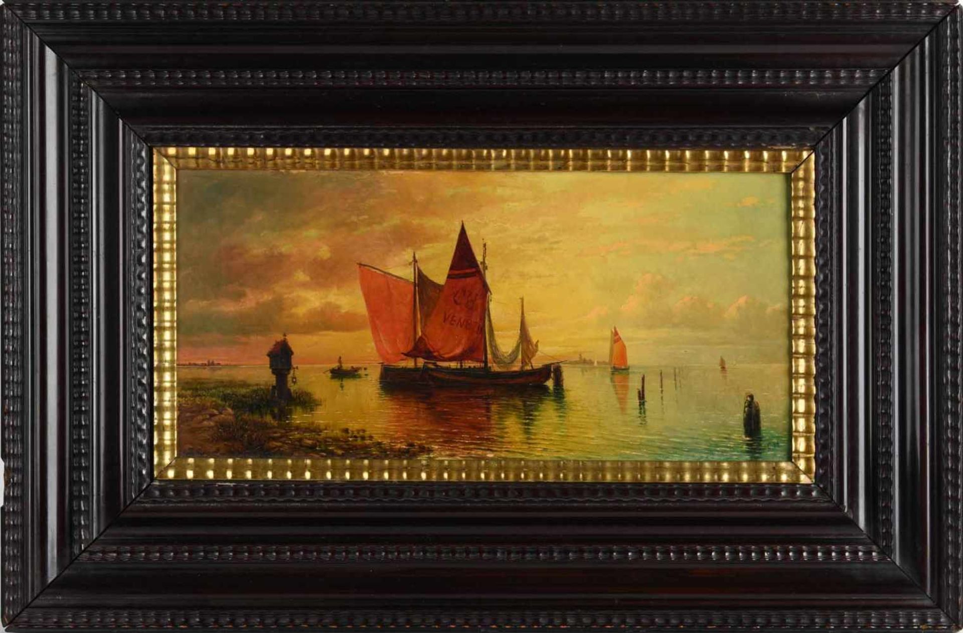 Monogrammiert Öl/Holz, Segelboote im Abendrot vor der Silhouette von Venedig, rechts unten - Image 3 of 4