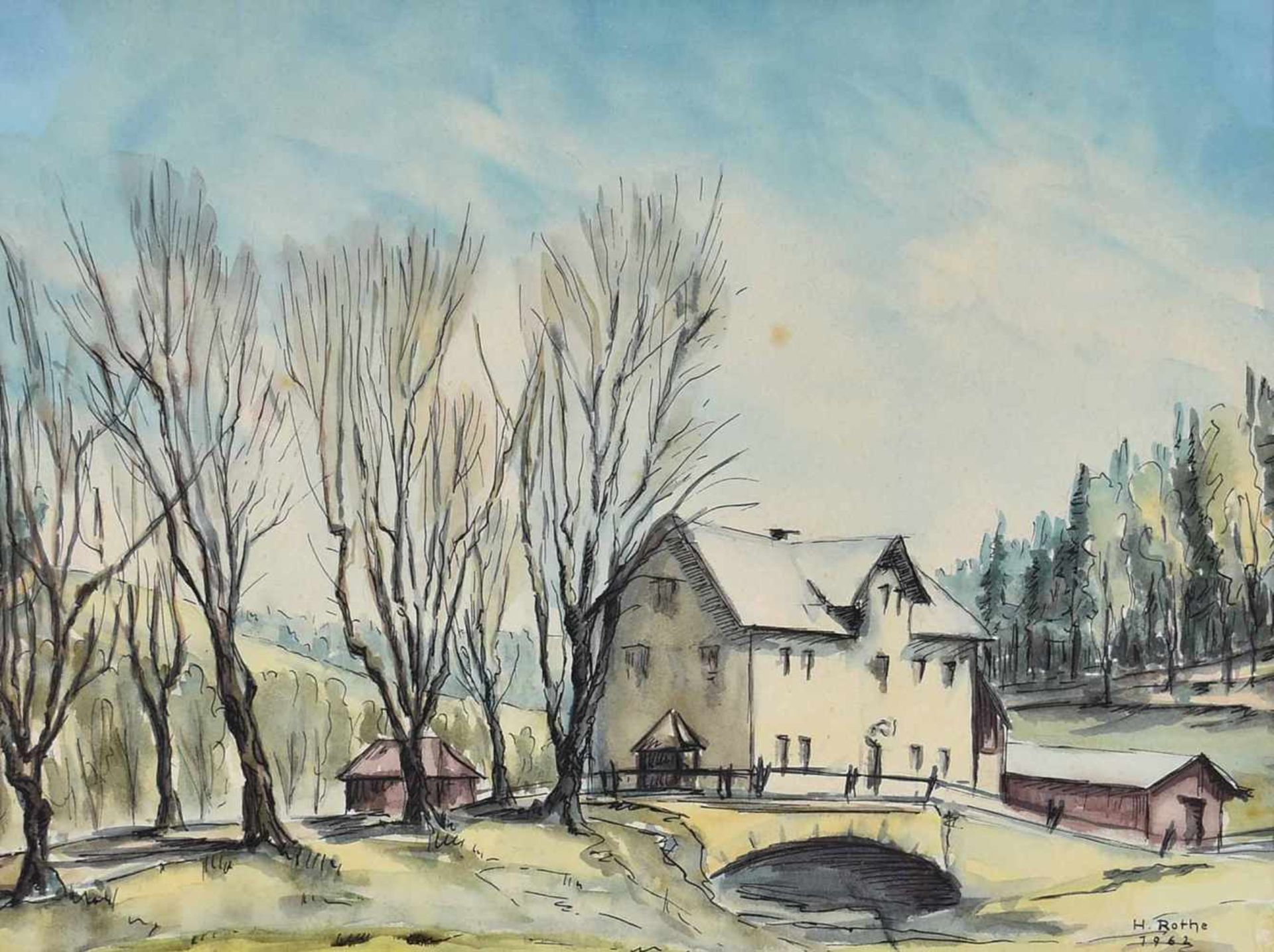 Rothe, Hans aquarellierte Federzeichnung, Blick auf ein Haus mit Baumallee, wohl Ansicht aus dem - Bild 2 aus 3