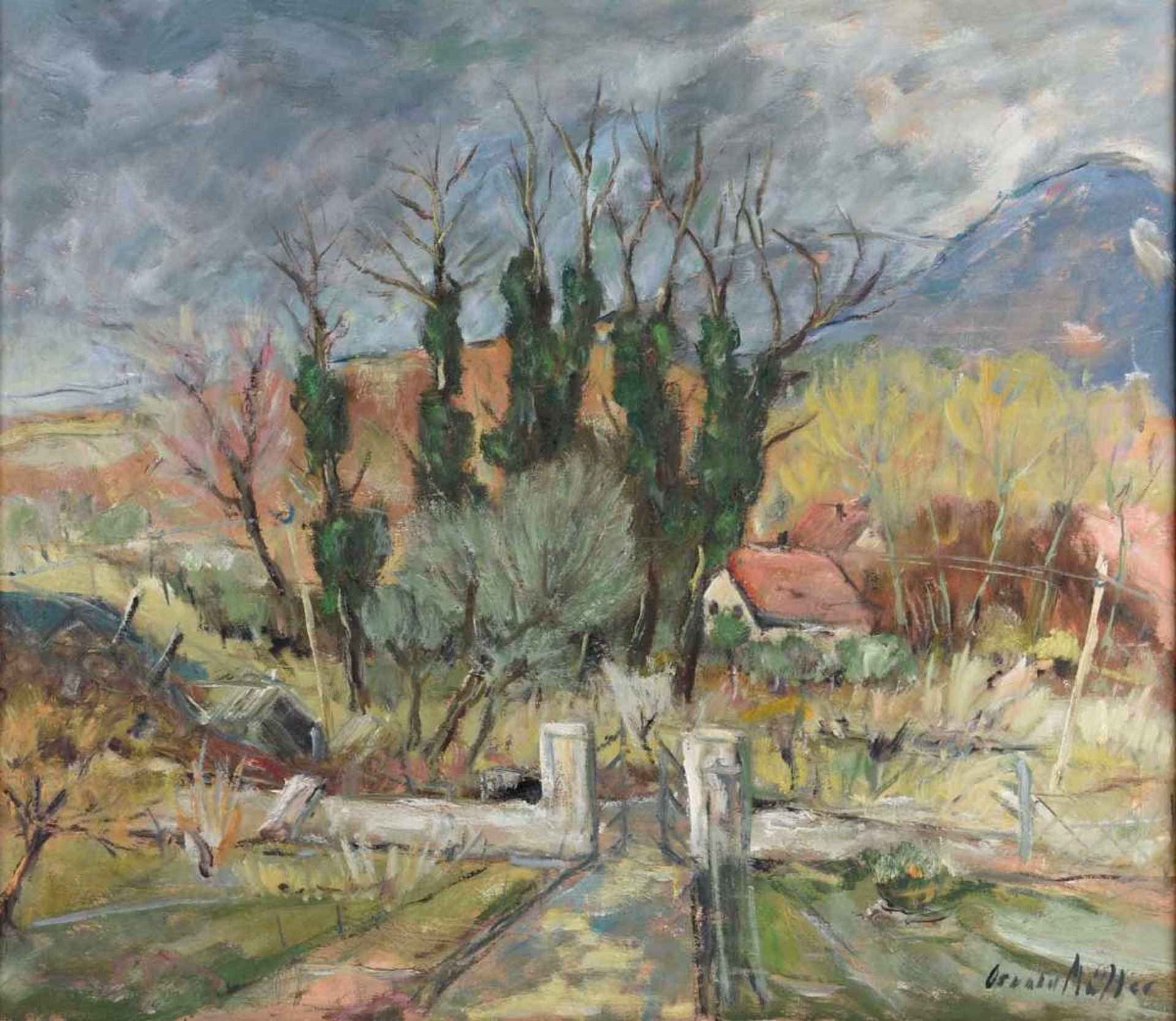 Müller, Oswald Öl/Lwd., Herbstlandschaft mit Häusern, rechts unten signiert, gerahmt, ca. 70 x 80 - Image 2 of 4