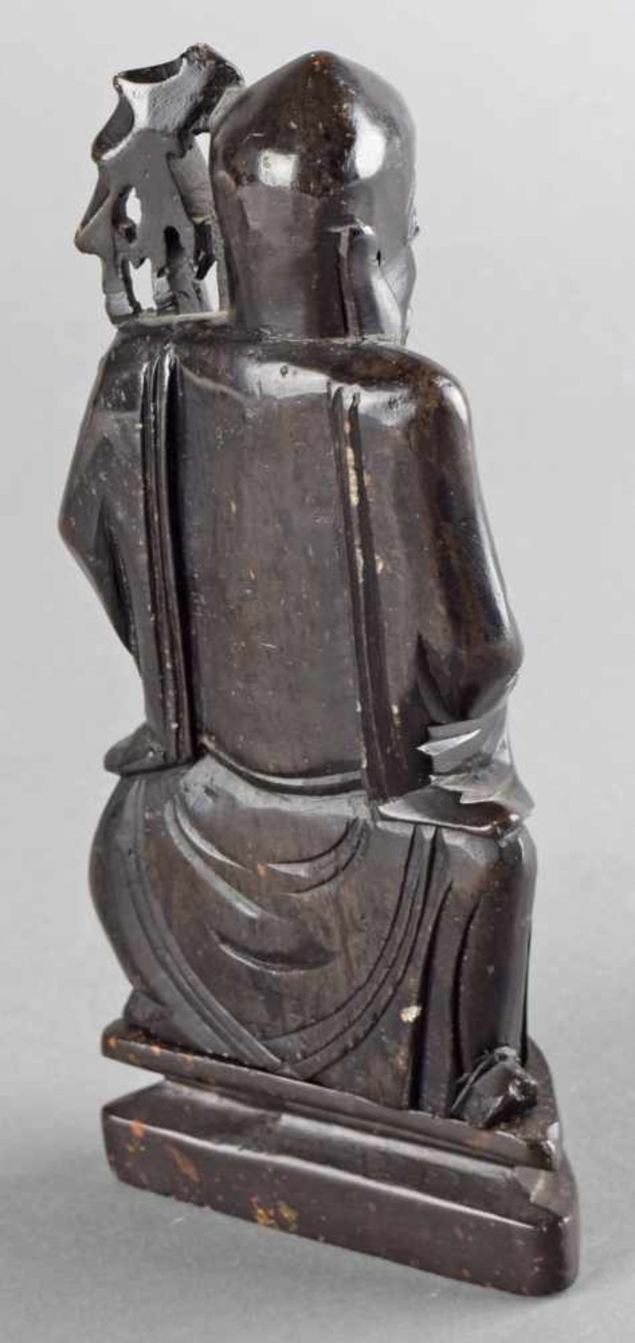 Götterfigur schwarz-brauner Speckstein, geschnitzt und poliert, Glücksgott Fukurokuju mit Stock - Bild 3 aus 5