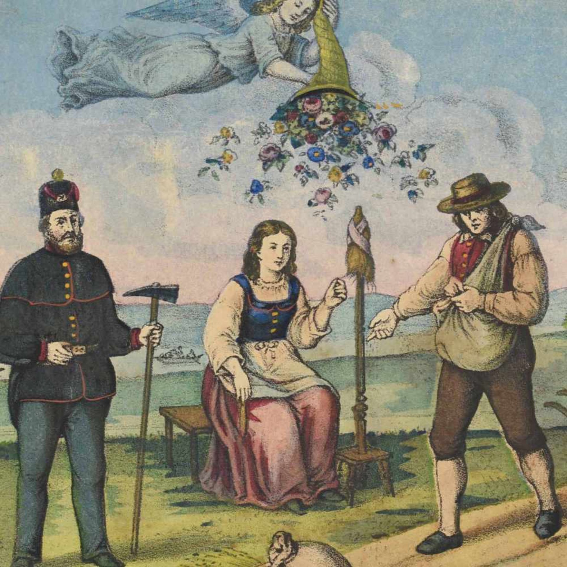 Allegorie zu Sachsens Gewerken kolorierte Lithografie, allegorische Darstellung u.a. zu Bergbau,