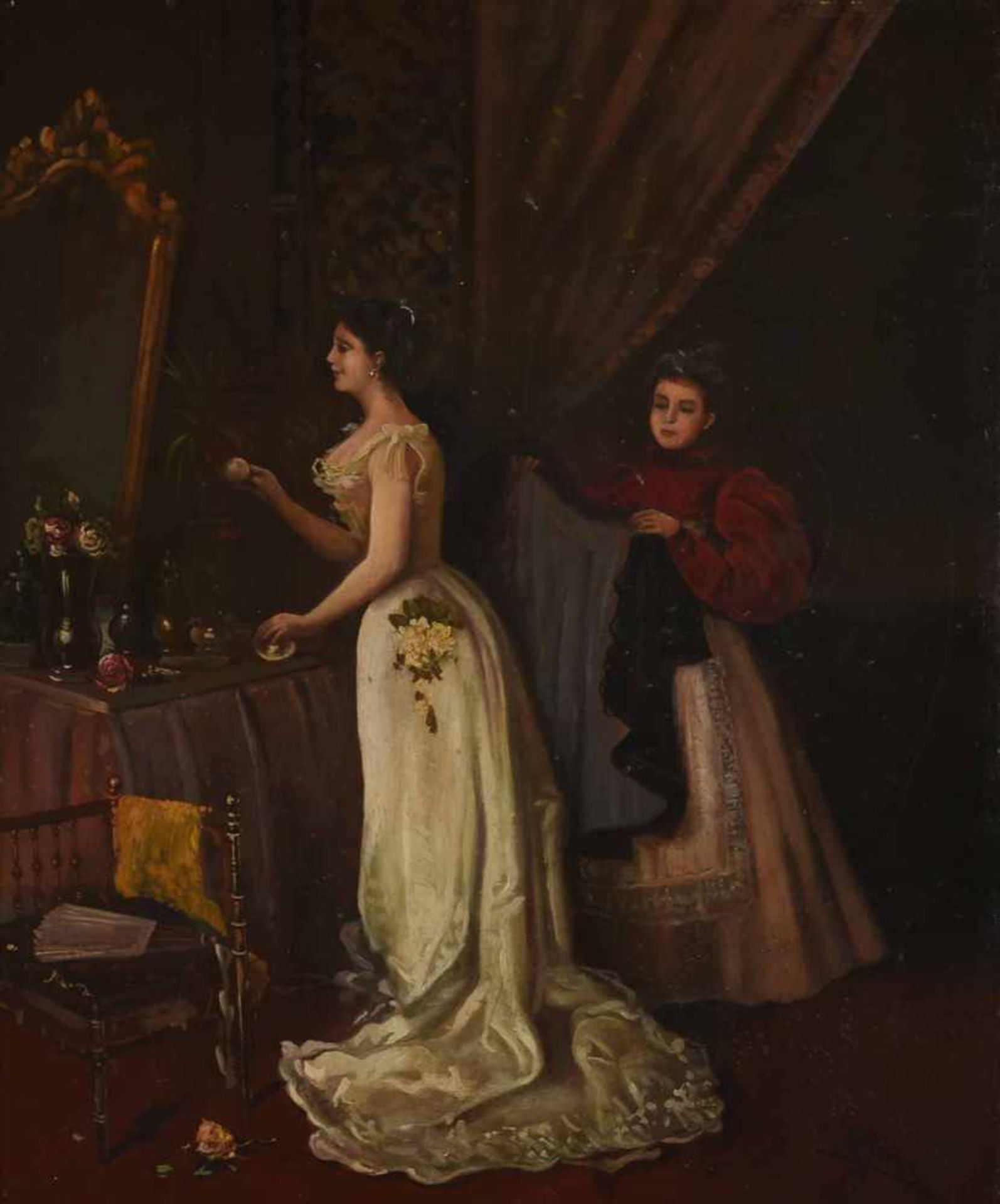 Pena? Öl/Holz, Dame vor dem Spiegel beim Anlegen der Abendgarderobe, rechts unten bez., - Bild 2 aus 4