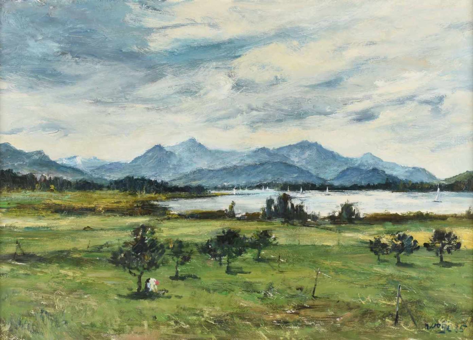 Vogl, M. Öl/Karton, Vorgebirgslandschaft mit See, rechts unten signiert und datiert (19)85, gerahmt, - Image 2 of 4